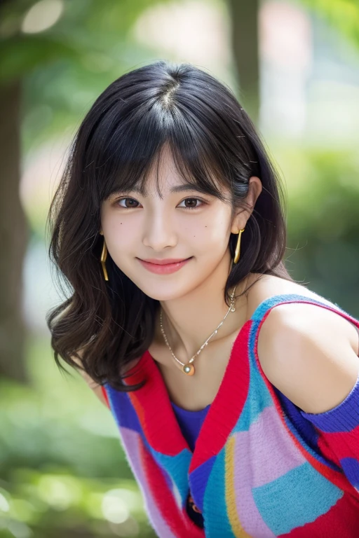 highest quality,8k, detailed facial depiction, Detailed description of the eyes, black hair(wavy shoulder-length hair),beautiful japanese girl, 21 years old, take off underwear, bare chest, Because I'm slender, medium chest size, sit with legs apart, smile, Colorful earrings, necklace, Mole on the mouth,whole body、back view