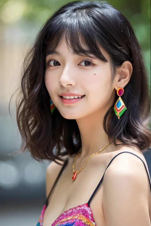 highest quality,8k, detailed facial depiction, Detailed description of the eyes, black hair(wavy shoulder-length hair),beautiful japanese girl, 21 years old, take off underwear, bare chest, Because I&#39;m slender, medium chest size, sit with legs apart, smile, Colorful earrings, necklace, Mole on the mouth,whole body、back view