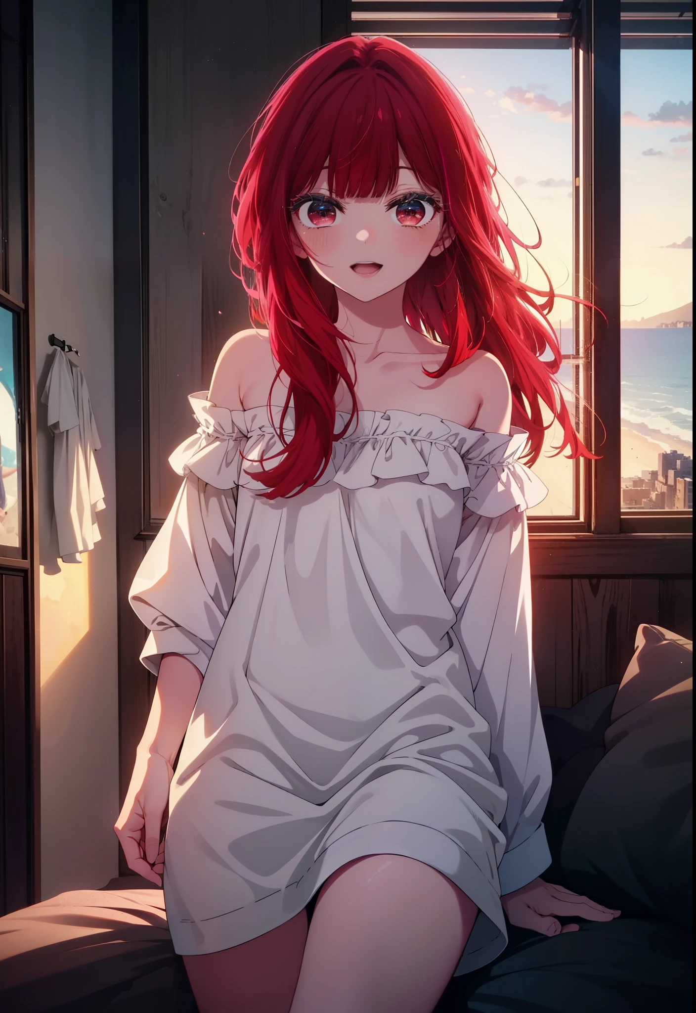 canary, Arima etc., long hair, bangs, (red eyes:1.3), redhead, happy smile, smile, open your mouth,off shoulder, oversized shirt, oversized clothes,black underwear,barefoot,morning,Room with sea view,the sun is rising,Sitting on the sofa with legs crossed,
break indoors, living,
break looking at viewer, (cowboy shot:1.5),
break (masterpiece:1.2), highest quality, High resolution, unity 8k wallpaper, (figure:0.8), (detailed and beautiful eyes:1.6), highly detailed face, perfect lighting, Very detailed CG, (perfect hands, perfect anatomy),