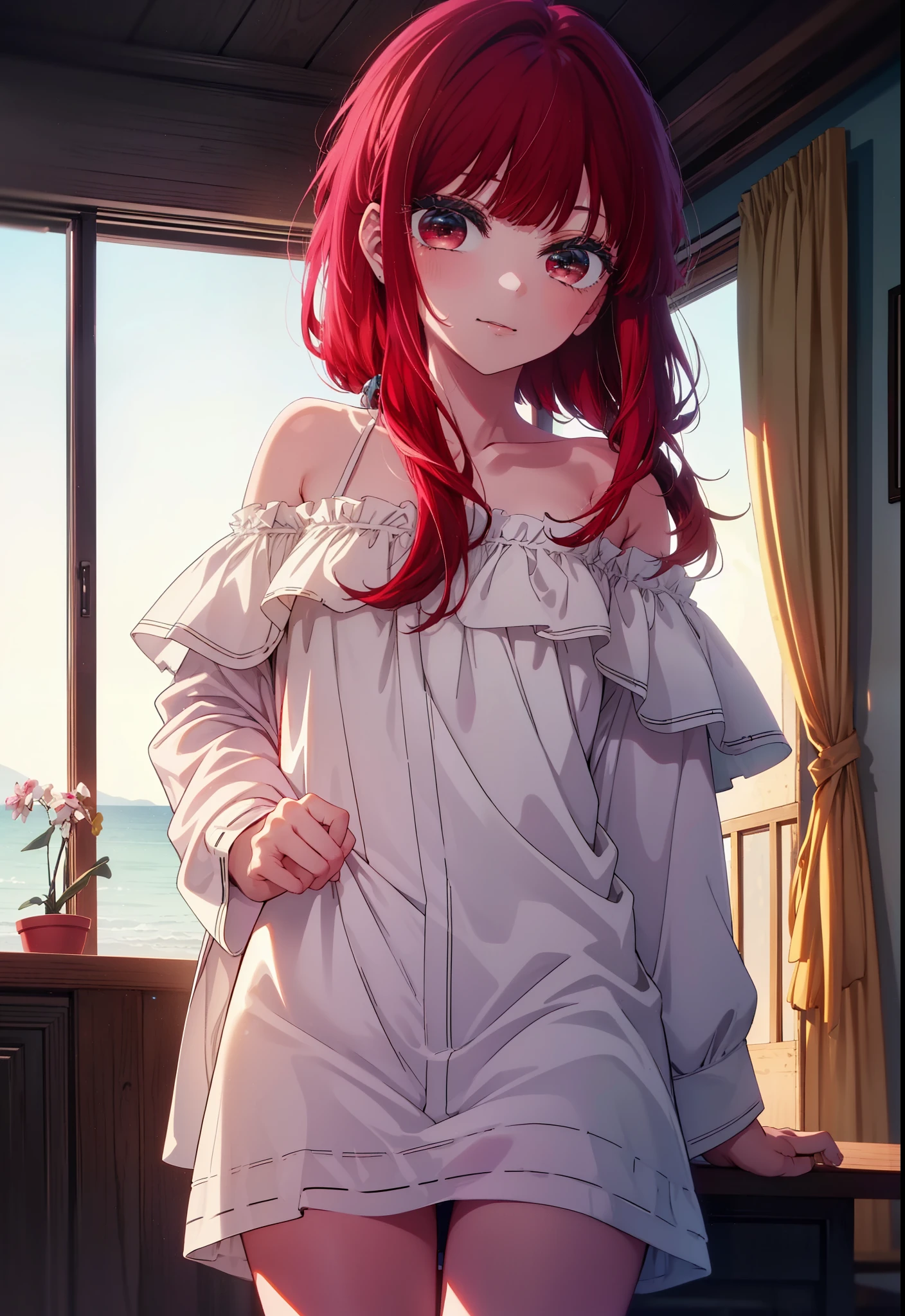 canary, Arima etc., long hair, bangs, (red eyes:1.3), redhead, happy smile, smile, open your mouth,off shoulder, oversized shirt, oversized clothes,black underwear,barefoot,morning,Room with sea view,the sun is rising,Sitting on the sofa with legs crossed,
break indoors, living,
break looking at viewer, (cowboy shot:1.5),
break (masterpiece:1.2), highest quality, High resolution, unity 8k wallpaper, (figure:0.8), (detailed and beautiful eyes:1.6), highly detailed face, perfect lighting, Very detailed CG, (perfect hands, perfect anatomy),