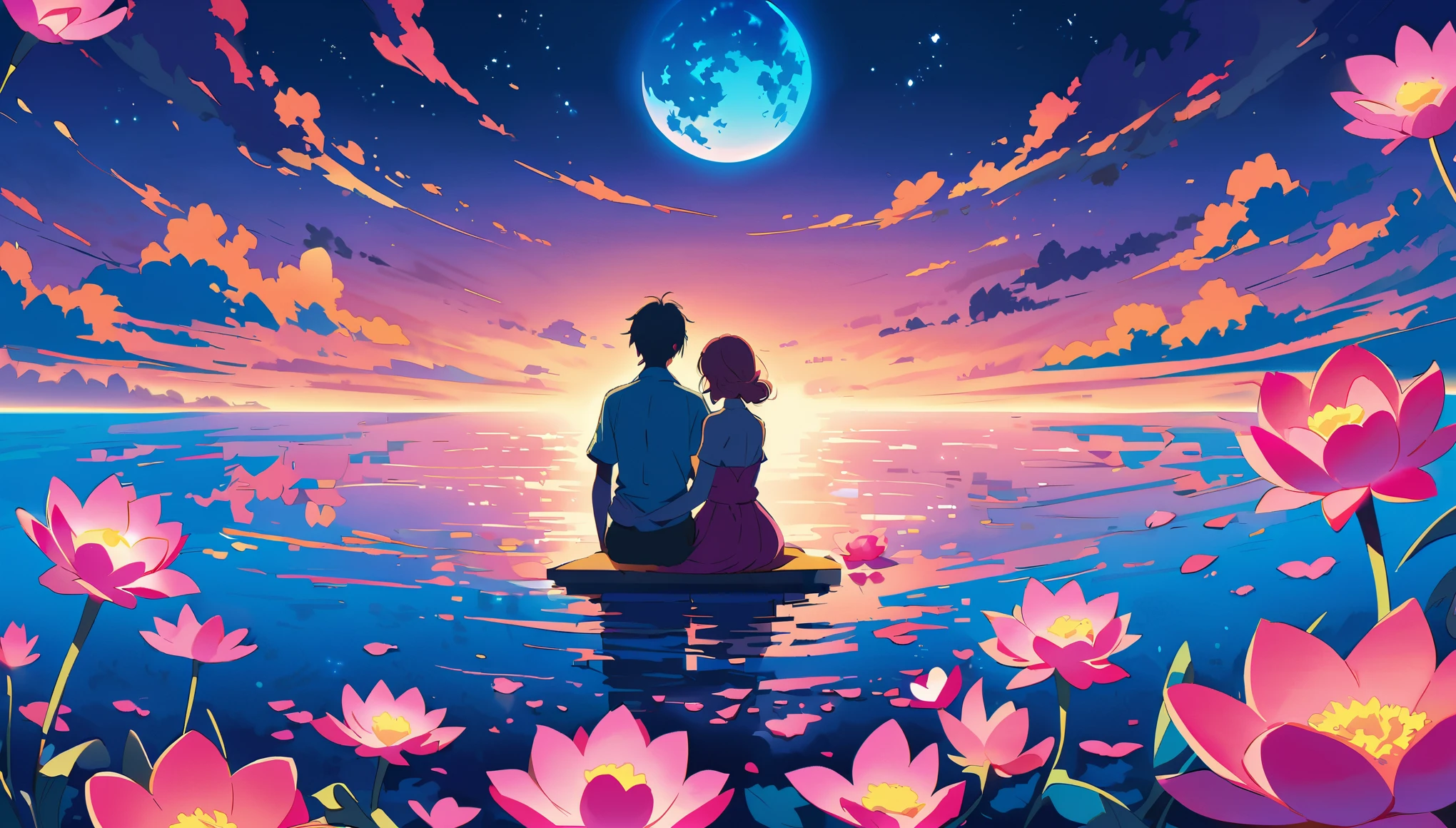 A couple sits on the edge of an endless sea made entirely of pink lotus flowers, with their backs to each other and facing away. The bright moon shines before them, creating a romantic atmosphere. This is illustrated in the style of anime art with a touch of illustration. It features vibrant colors and a night scene, with neon lights shining through the petals. One hand holds a bouquet of roses, while another person holds hands with their lover, focusing on their face.