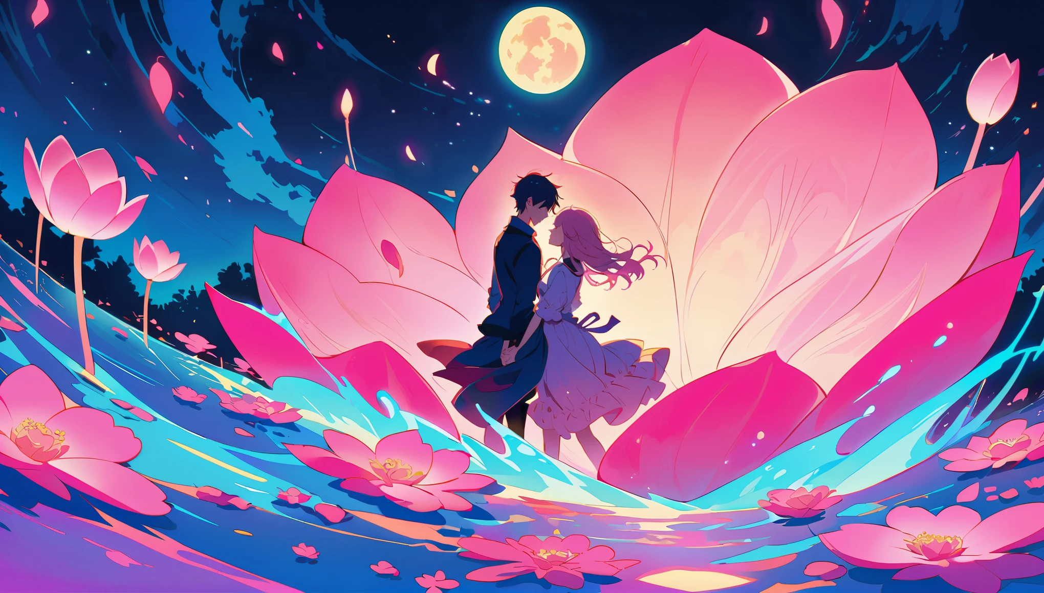 A couple sits on the edge of an endless sea made entirely of pink lotus flowers, with their backs to each other and facing away. The bright moon shines before them, creating a romantic atmosphere. This is illustrated in the style of anime art with a touch of illustration. It features vibrant colors and a night scene, with neon lights shining through the petals. One hand holds a bouquet of roses, while another person holds hands with their lover, focusing on their face.