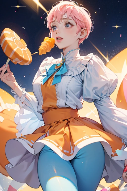 Candy Mother is shaped like candy corn, but she is light pink rather than orange, white, and yellow. She wears blue tights, a blue skirt, and a light-blue blouse with a darker blue collar, and puffed sleeves. She is bald. She has a high, scratchy voice. SPARKLE; GLITTER