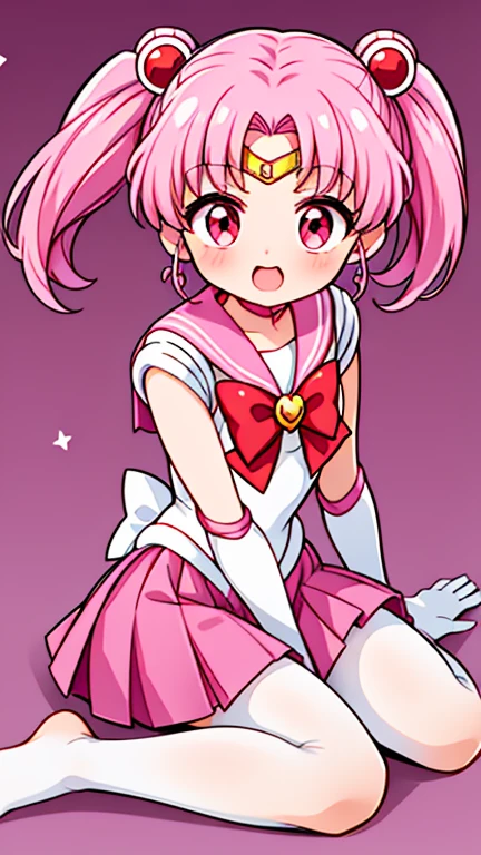 sailor moon,Cute little ,Pink hair twintails,short hair,red eyes,Sailor suit,bow tie,White elbow gloves,red skirt,no shoes,white pantyhose,Open your mouth,laughing out loud,sitting