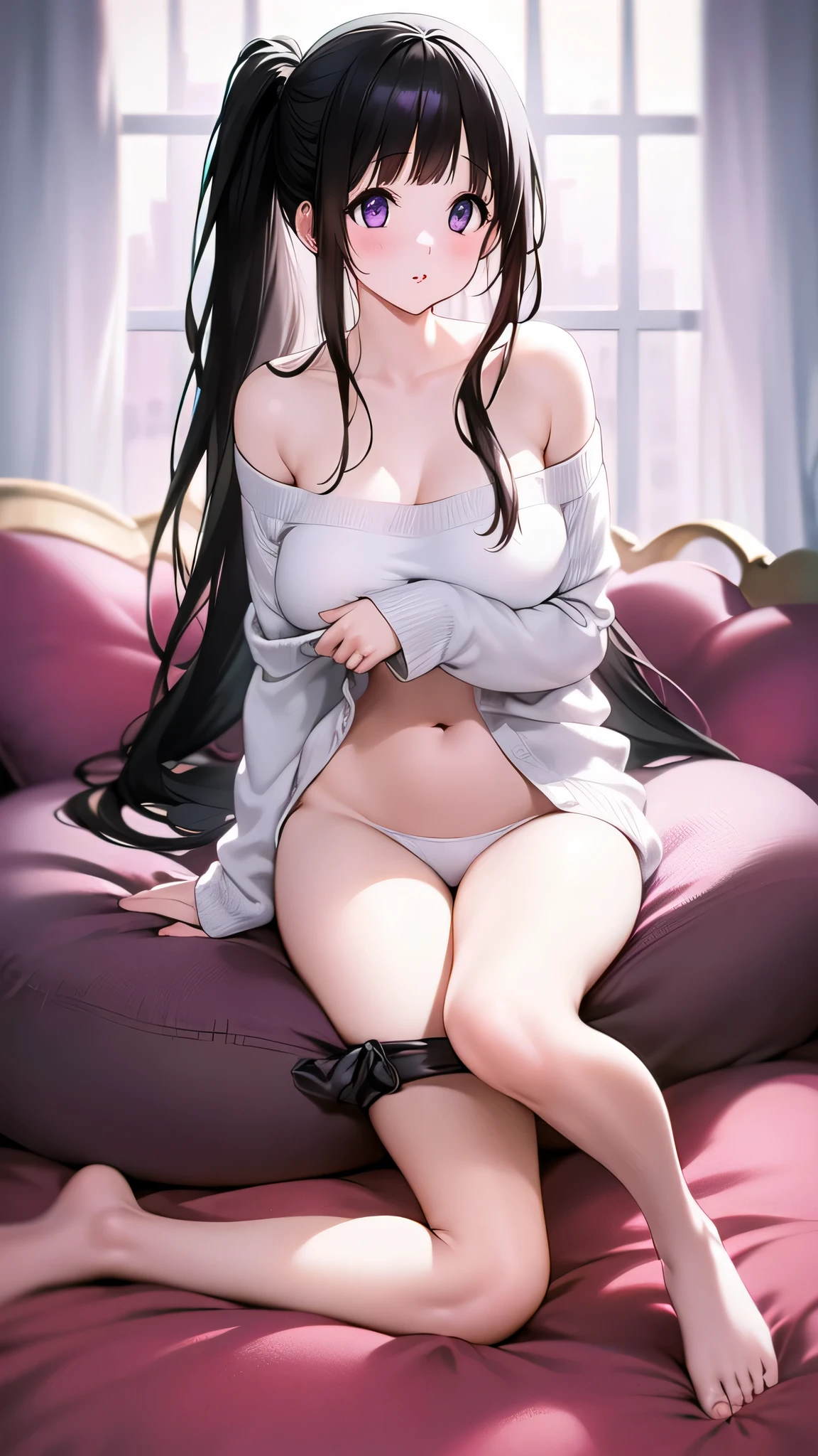 Stunning Chitanda, There is only one beautiful girl，purple eyes, black hair, single ponytail, straight bangs，extremely refined，adult face，lips open，flowing long hair，Peerless beautiful girl, dreamlike，Slim，soft, (Sensual), (kawaii), Dream quality，Wearing only a white sweater，Sitting on an eggplant pillow，extremely shy，Hands are not exposed，no pants，There are no shoulder straps，camel toe，no underwear，side breasts，showing areola，Bare thighs，bare shoulders，Clavicle exposed，bare neck，groin，barefoot，bare breasts，ultra high resolution, (masterpiece:1.2, best quality), (Exquisite and beautiful eyes: 1.2), (Beautiful and delicate face)