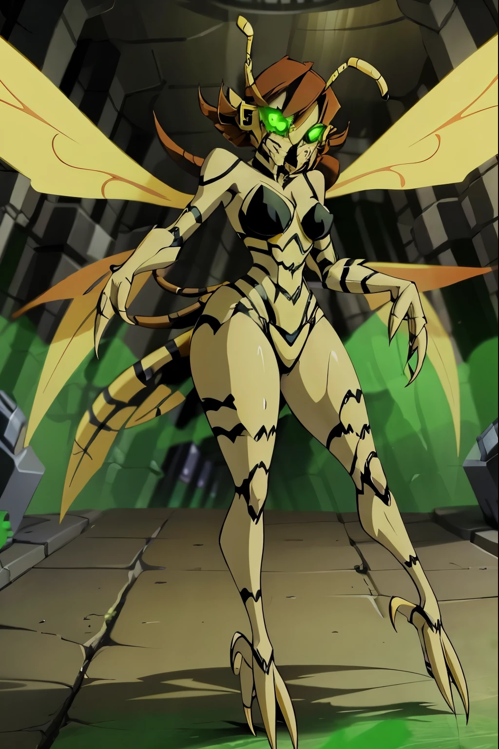 gamma mutant wasp, yellow translucient insect wings, mutant clawed feet,mutant clawed hands, mutant wasp,Earth's Mightiest Heroes, thick pointed mandibles,side mandibles, red hair, green eyes, green sclera,