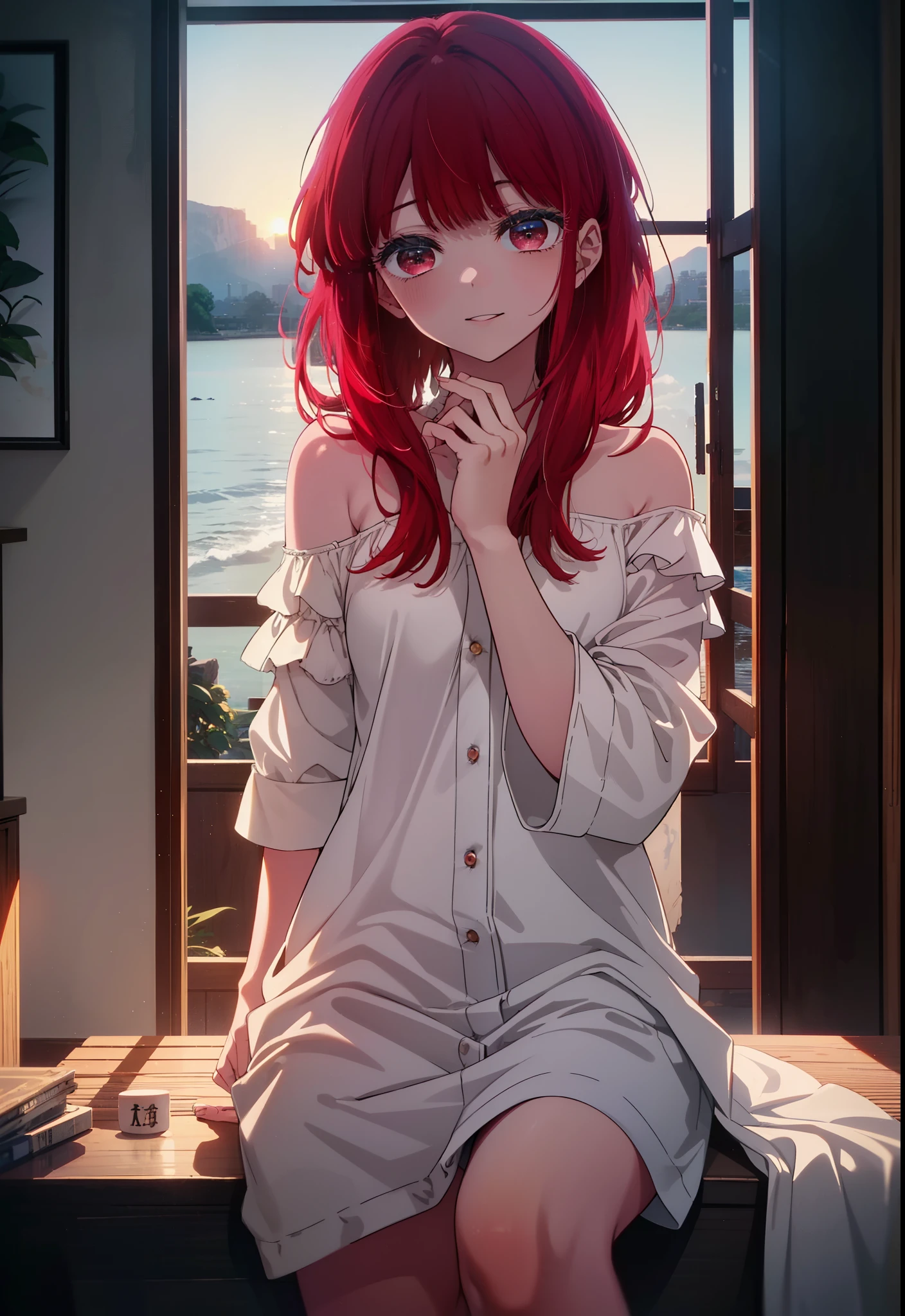 canary, Arima etc., long hair, bangs, (red eyes:1.3), redhead, happy smile, smile, open your mouth,off shoulder, oversized shirt, oversized clothes,black underwear,barefoot,morning,Room with sea view,the sun is rising,Sitting on the sofa with legs crossed,
break indoors, living,
break looking at viewer, (cowboy shot:1.5),
break (masterpiece:1.2), highest quality, High resolution, unity 8k wallpaper, (figure:0.8), (detailed and beautiful eyes:1.6), highly detailed face, perfect lighting, Very detailed CG, (perfect hands, perfect anatomy),
