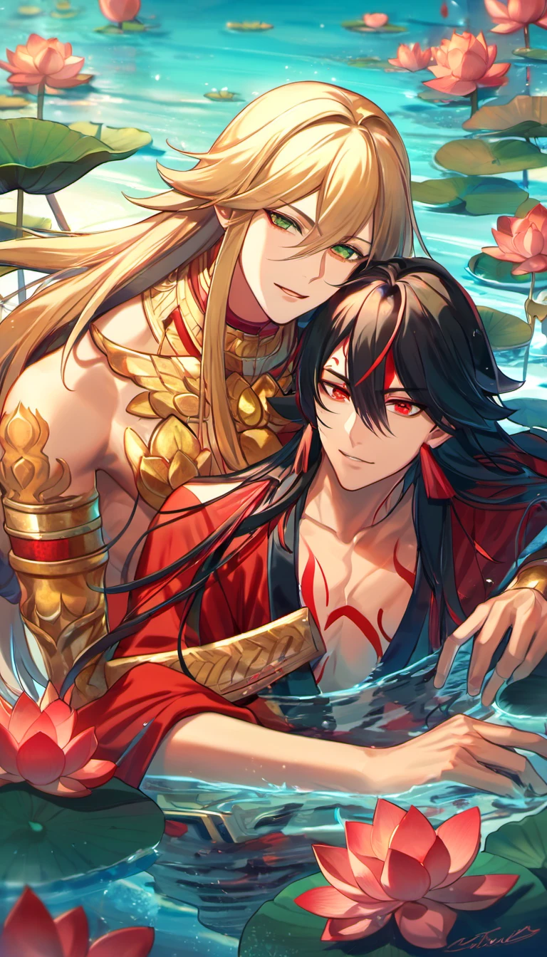 (absurdres, highres, ultra detailed, HDR), master piece, best quality, vibrant red eyes, Asura, onmyoji, black long hair, tanned skin, red mark on the forehead, red marks on the chest, Taishakuten, ash blond hair, hair between the eyes, vibrant green eyes, 2 gay men hugging, handsome, water, lotus