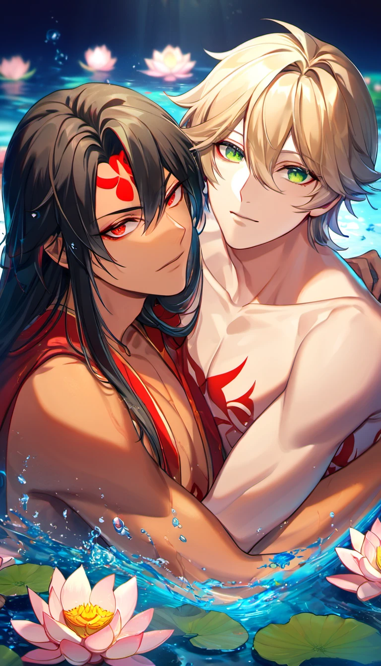 kiss,hold arms, standing doggy, hold breasts, 1 girl, 1 boy, sex,  (((full naked))), masterpiece, ultra high quality cg, anime, best quality, perfect image, on the beach, ocean in view, corrin (female), hair flower, large breasts, blush, orgasm,