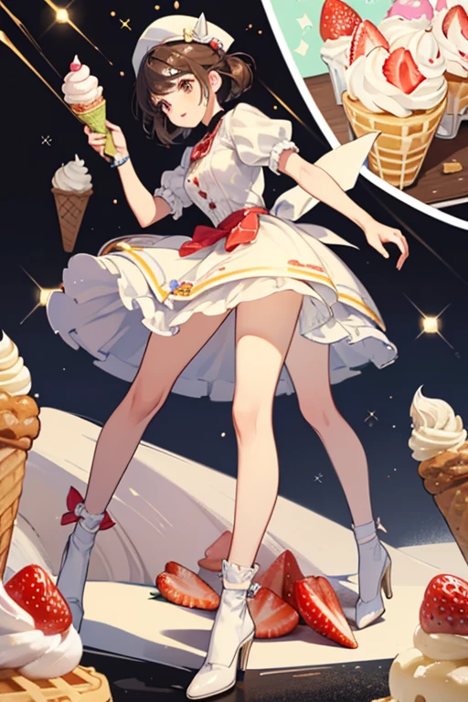 Ice Cream Lady resembles three upside-down scoops of vanilla, strawberry, and chocolate ice cream from top to bottom. The scoops aren't shaped normally; her body is segmented into her head and torso of vanilla and bottom and legs of chocolate, with strawberry connecting the two segments. She has a waffle cone for a hat. The chocolate portion of her ice cream is closer in color to black than brown. SPARKLE; GLITTER