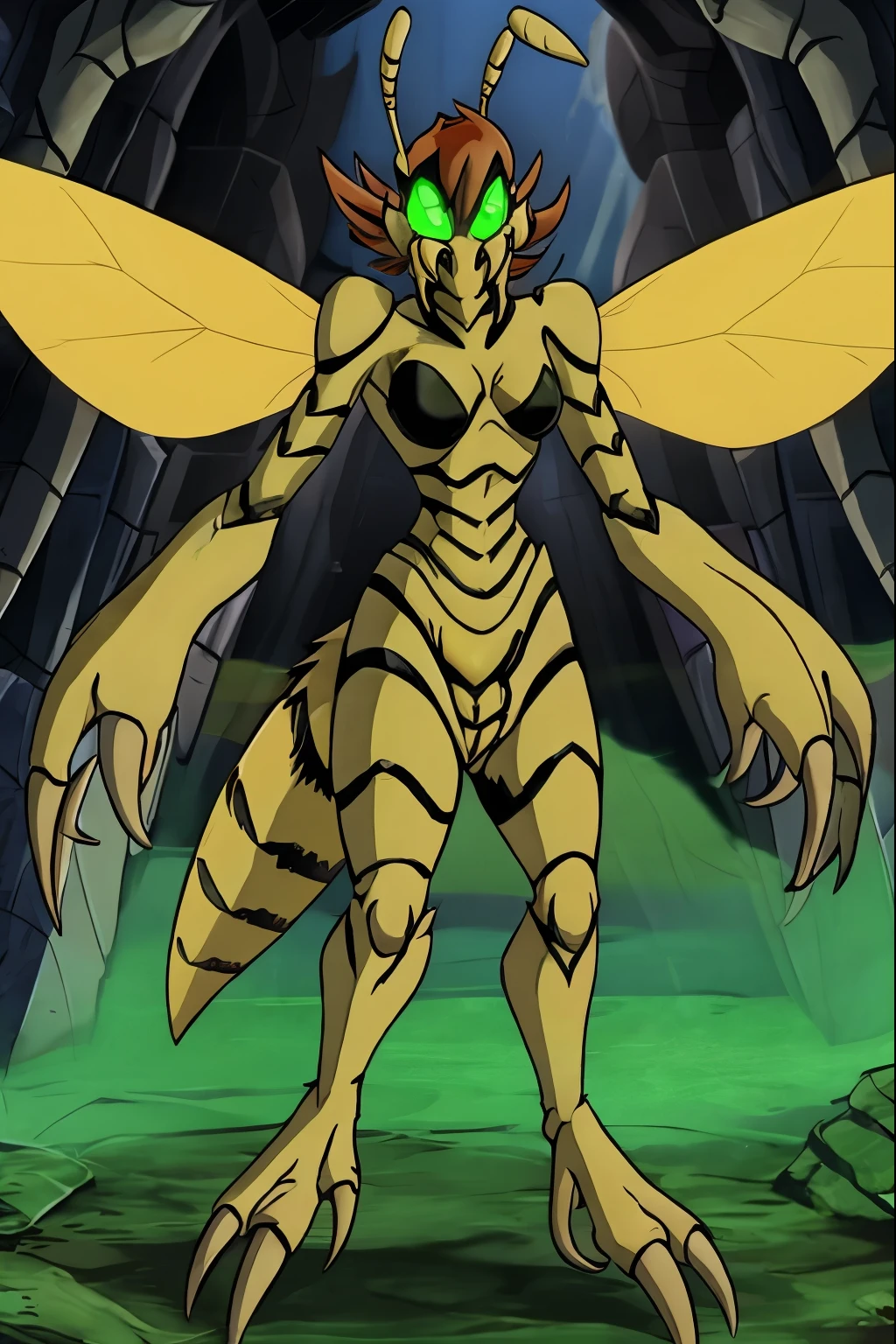 gamma mutant wasp, yellow translucient insect wings, mutant clawed feet,mutant clawed hands, mutant wasp,Earth's Mightiest Heroes, thick pointed mandibles,side mandibles, red hair, green eyes, green sclera, insect abdomen