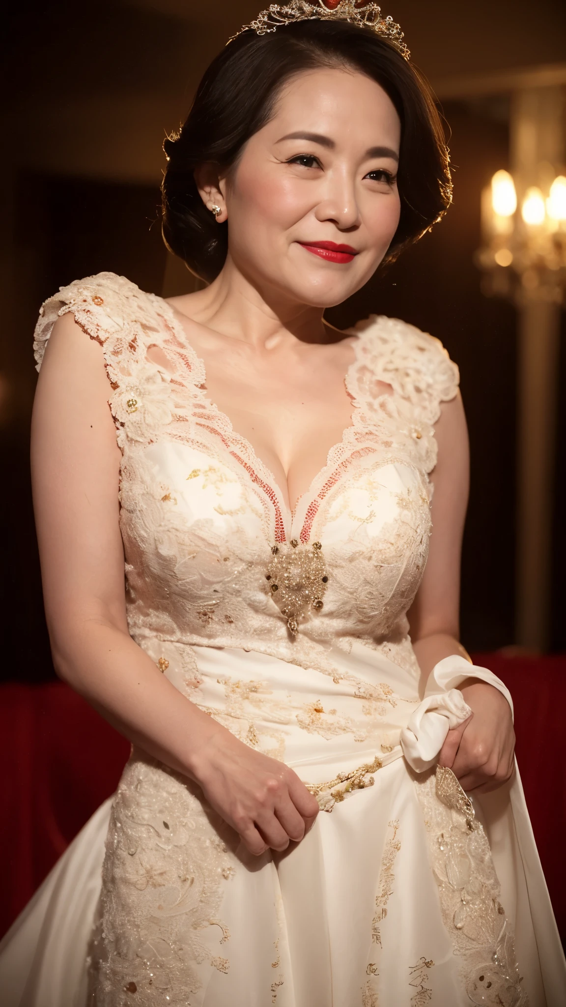 remove background, gravure, (old face), in the spotlight, describe the lips correctly, red lipstick, from the chest up, Wedding dress, Flashy face, highest quality, Super detailed, realistic, super dense skin, perfect beauty, (Aunt), (erotic), 120 years old, big breasts, Bewitching, Glamour, sexy, pure white skin, looking at the viewer,