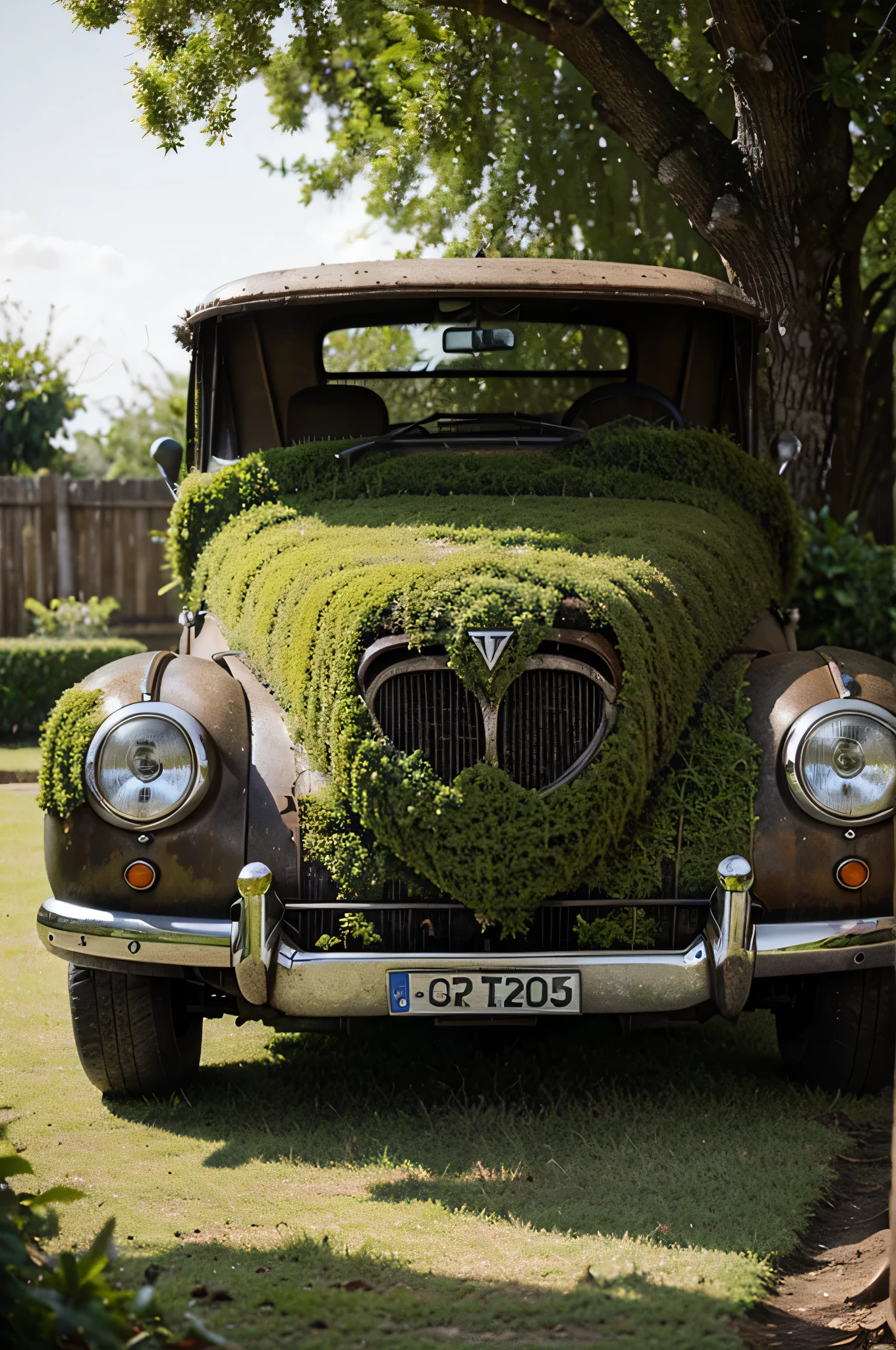 An old vintage car covered in plant moss pulled by a turtle 