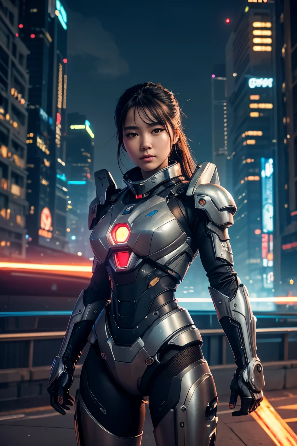 Best quality, high resolution, masterpiece: 1.3), stunning Mecha Girl (IU: 0.8), Best quality, high resolution, Masterpiece: 1.3, Beautiful Mecha Girl, Masterpiece, confident smile, Realistic, 1 girl, captivating eyes, glowing optics, sleek design, powerful stance, advanced technology, armored exoskeleton, in battle mode, equipped with futuristic weaponry, detailed mechanical parts, intricate gears, high-tech gadgets, agile and swift, hunts down rogue machines, futuristic cityscape, neon lights, towering skyscrapers, dynamic action, sparks flying, intense energy, particle effects, 3D rendering, ray tracing, super detailing viewer, close-up.