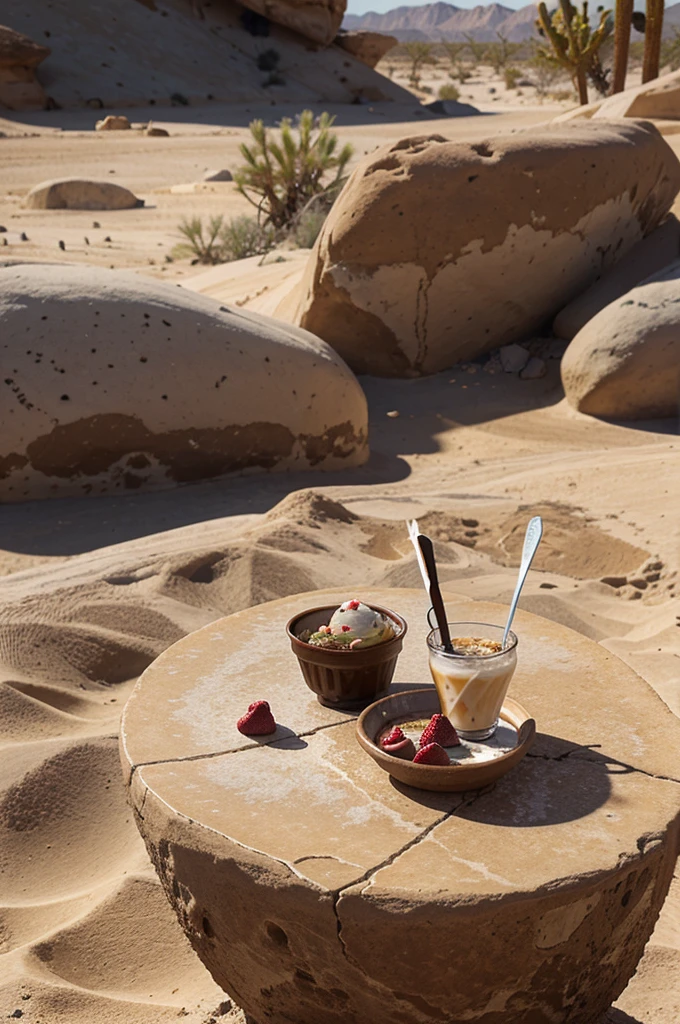 A cup of ice in the desert, the ice cream contains coklat stick, a pices of fruits and a spoon, the ice cream above a stone table