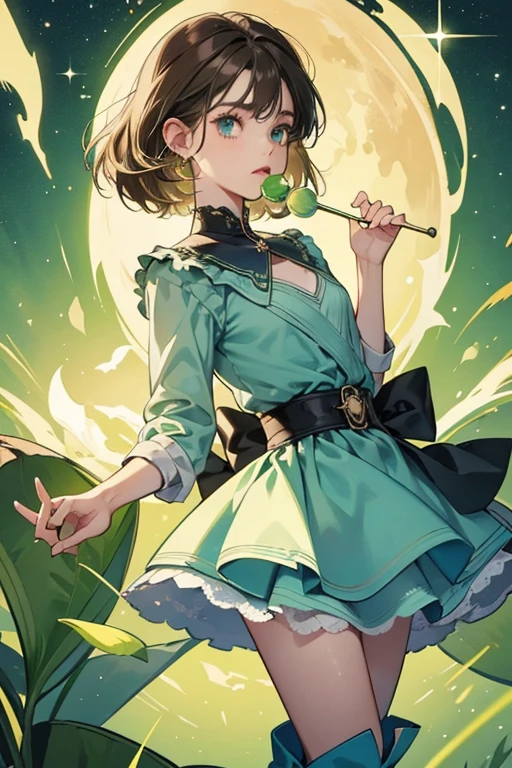 She has green skin and very short, bobbed brown hair. Her eyes are U-shaped with long eyelashes when shut, and black, circular dots with two eyelashes pointing out at the sides when opened. She also has a green collar, presumably resembling the knot of a lollipop wrapper. She wears a green shirt, a skirt, with dark green boots and sash belt. She is very thin. As seen in "The Enchiridion!," her original design had pale paper skin, blonde hair and a light-blue dress with a white collar.  SPARKLE; GLITTER