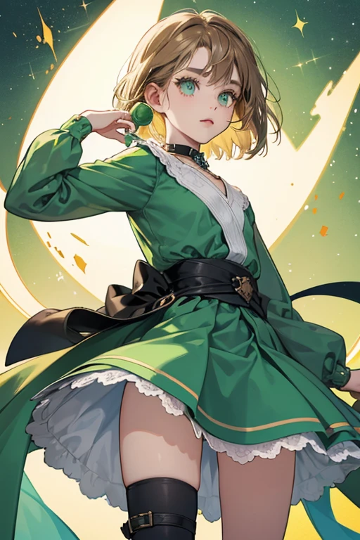 She has green skin and very short, bobbed brown hair. Her eyes are U-shaped with long eyelashes when shut, and black, circular dots with two eyelashes pointing out at the sides when opened. She also has a green collar, presumably resembling the knot of a lollipop wrapper. She wears a green shirt, a skirt, with dark green boots and sash belt. She is very thin. As seen in "The Enchiridion!," her original design had pale paper skin, blonde hair and a light-blue dress with a white collar. SPARKLE; GLITTER