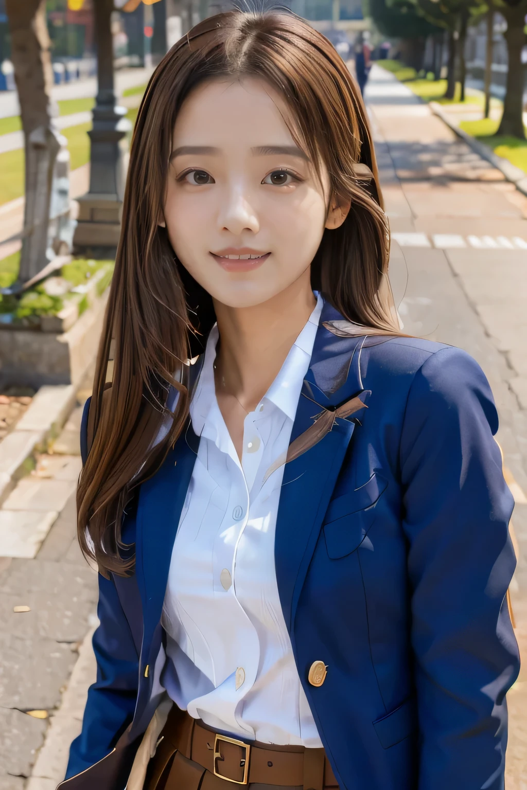 masterpiece, highest quality, Photoreal, Super detailed, finely, High resolution, 8k wallpaper, Professional, Advanced level of detail, ((One high school girl:1.2)), slender Japanese woman,, detailed clavicle, Medium chest、perfect face, (Front facing:1.2)、medium long hair, chestnut hair、(school uniform:1.5)、(navy blue blazer:1.2)、(mini skirt:1.2)、cute face、(looking straight ahead:1.5)、(brown skin:1.5)、full body shot、(cute smile:1.5)