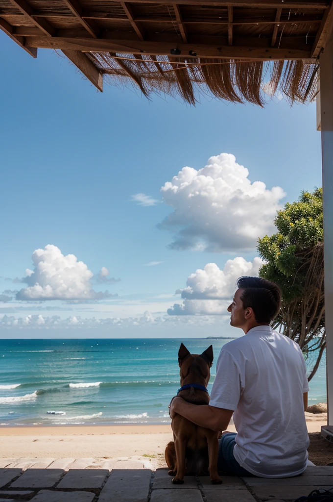 people and dogs are looking at the ocean