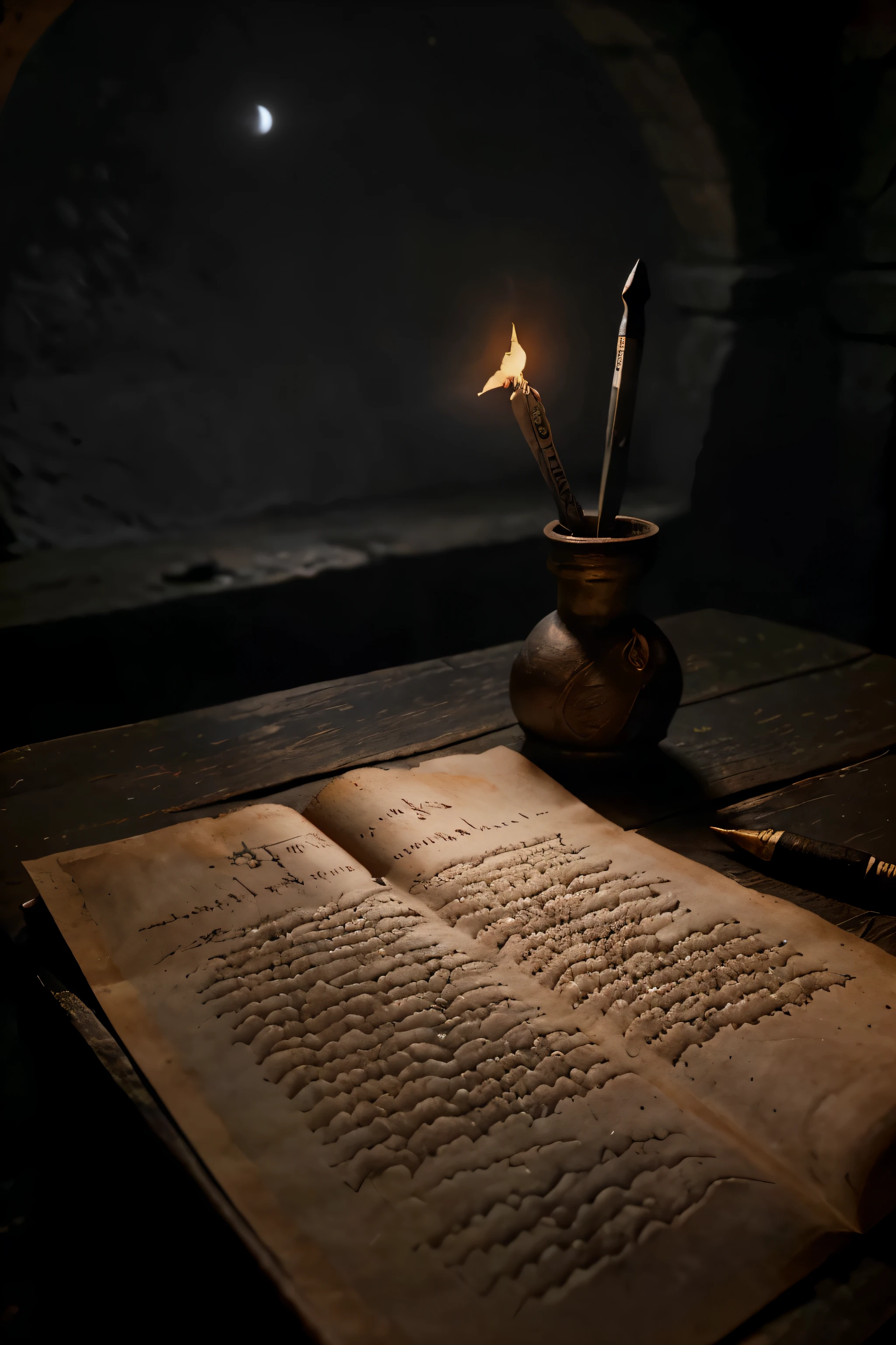 In the dim light of an ancient chamber, the faint glow of the moon filters through a weathered window, casting delicate shadows across a wooden table. At its center, a medieval quill pen, crafted from the noble feather of a bird, adorned with inscriptions in ancient Hebrew, rests upon an aged parchment. This scene evokes the aura of mystery and power of ancient writing, inviting the viewer to delve into a world of hidden secrets and promises. Without person, Without personboy, Without person girl, Without personwindow and Without person door. Important: clouse up pen on the table.