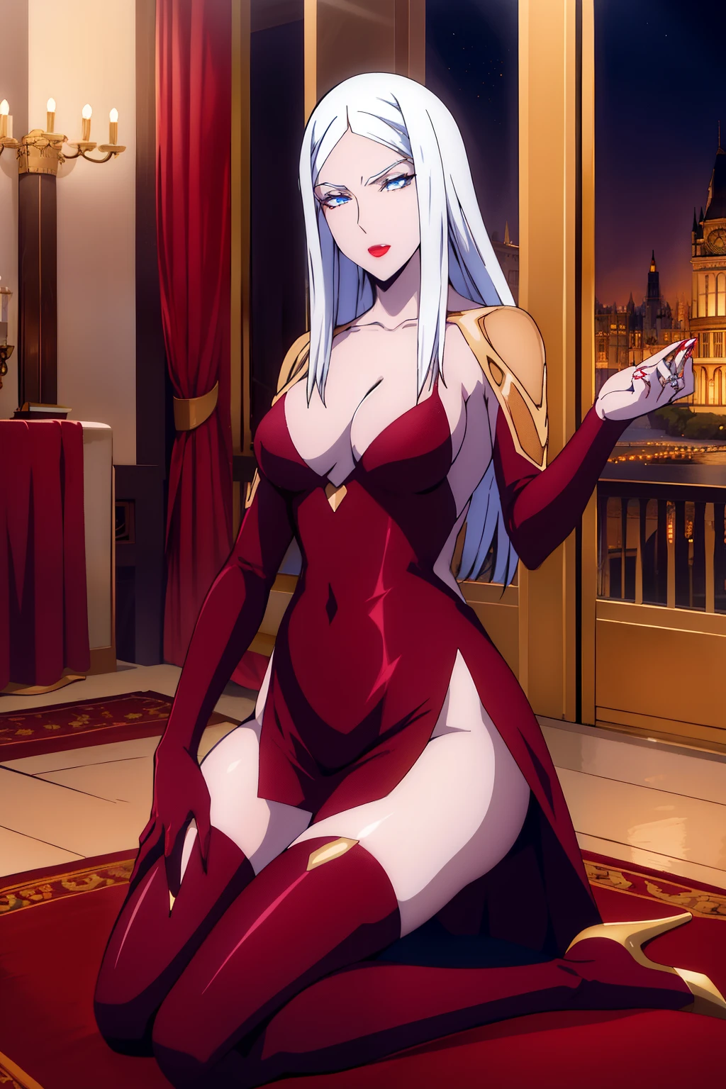carmilla, pechos medianos, lenceria, lingerie, hermoso rostro, ojos azules, (Obra maestra:1.2), Mejor calidad, absurdos, high resolution, fondo de pantalla extremadamente detallado, castillo, castle, noche, night, perfect lighting, vino, wine, copa de vino, wine cup, blue eyes, hig heels, tacones, stockings, medias