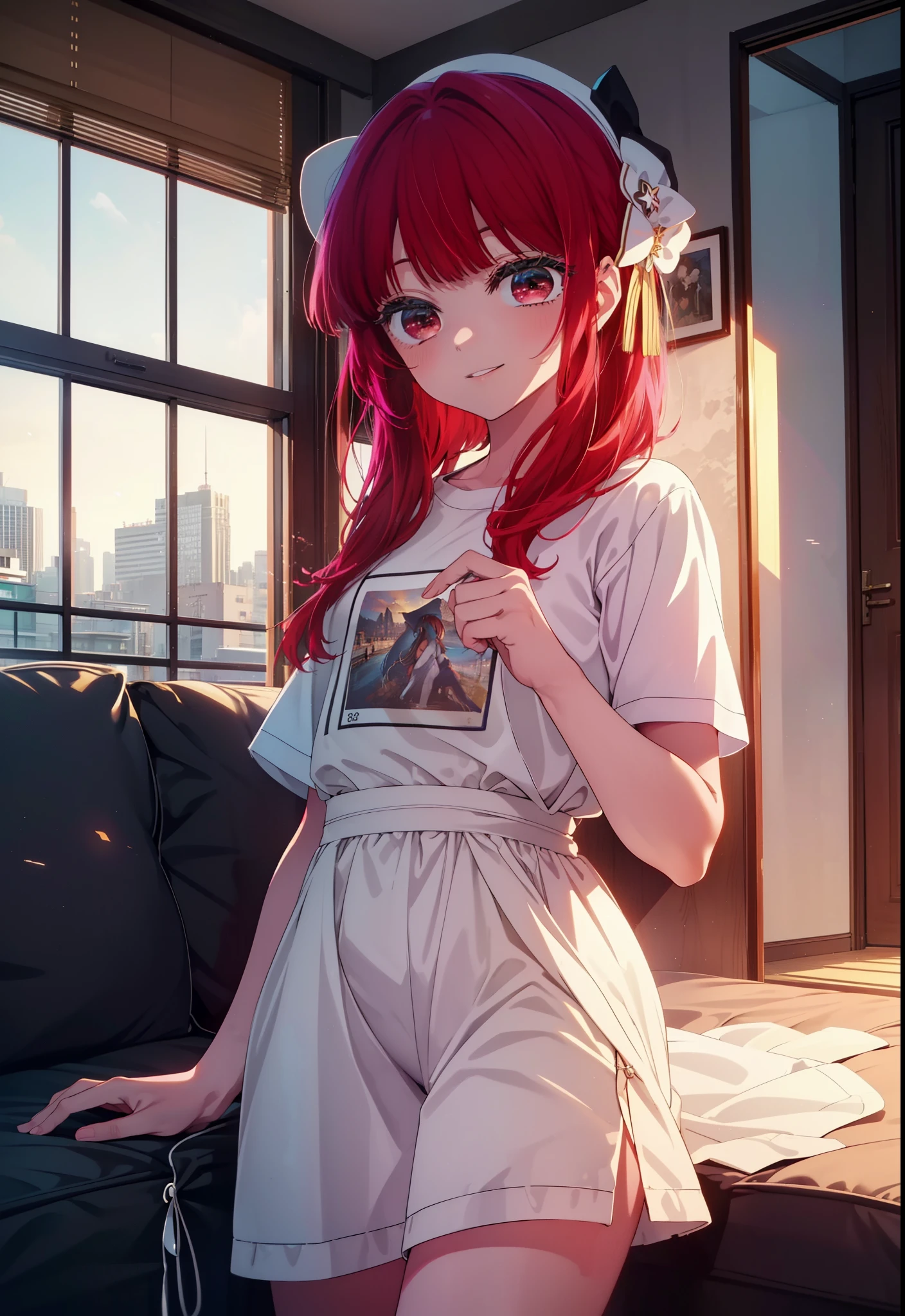 canary, Arima etc., long hair, bangs, (red eyes:1.3), redhead, happy smile, smile, open your mouth, oversized tシャツ, oversized clothes,black underwear,barefoot,morning,Room with sea view,the sun is rising,Sitting on the sofa with legs crossed,
break indoors, living,
break looking at viewer, (cowboy shot:1.5),
break (masterpiece:1.2), highest quality, High resolution, unity 8k wallpaper, (figure:0.8), (detailed and beautiful eyes:1.6), highly detailed face, perfect lighting, Very detailed CG, (perfect hands, perfect anatomy),