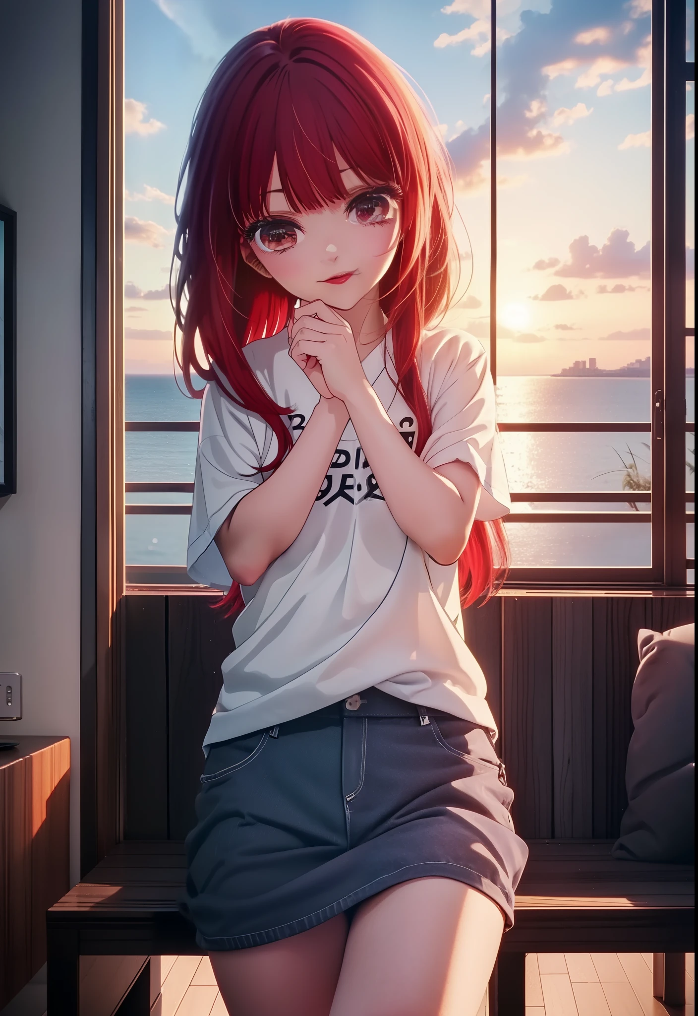 canary, Arima etc., long hair, bangs, (red eyes:1.3), redhead, happy smile, smile, open your mouth, oversized tシャツ, oversized clothes,black underwear,barefoot,morning,Room with sea view,the sun is rising,Sitting on the sofa with legs crossed,
break indoors, living,
break looking at viewer, (cowboy shot:1.5),
break (masterpiece:1.2), highest quality, High resolution, unity 8k wallpaper, (figure:0.8), (detailed and beautiful eyes:1.6), highly detailed face, perfect lighting, Very detailed CG, (perfect hands, perfect anatomy),