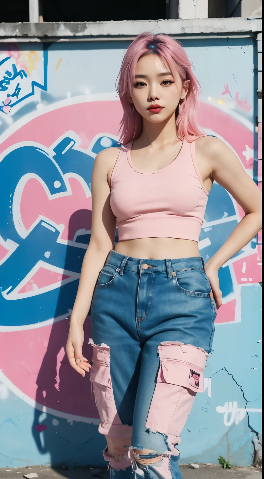 best quality, Clarity, 4k, 8k, detail, actual, Beautiful pinoy Girl, Korean makeup, Red lips, pink and blue hair, Perfect body, thigh, stand, pose standing, medium chest, Graffiti tank top, Pink and Blue Cargo Box Pants, Solid graffiti wall background, Graffiti art,