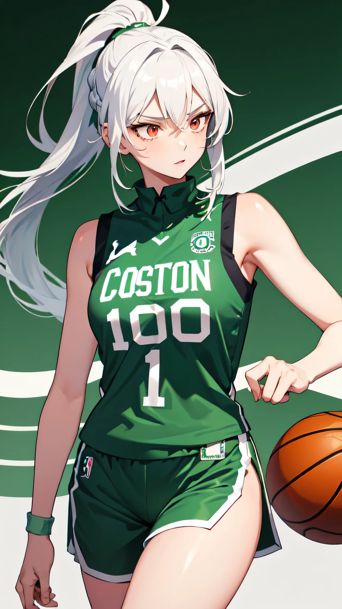 1girl,Boston celtics basketball jersey,longhair,white hair,ponytail hair,red eyes