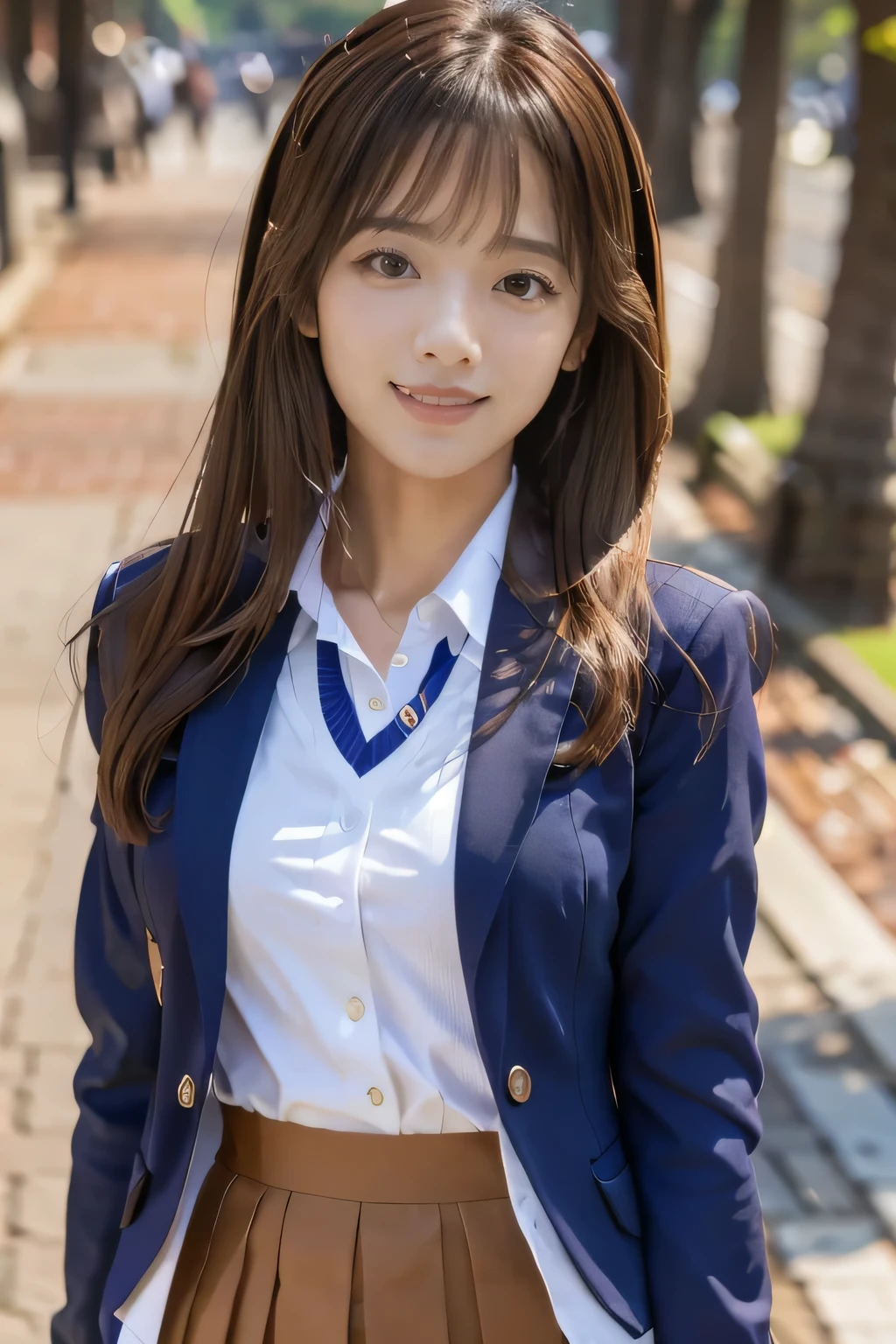 masterpiece, highest quality, Photoreal, Super detailed, finely, High resolution, 8k wallpaper, Professional, Advanced level of detail, ((One high school girl:1.2)), slender Japanese woman,, detailed clavicle, Medium chest、perfect face, (Front facing:1.2)、medium hair, chestnut hair、(school uniform:1.5)、(navy blue blazer:1.2)、(mini skirt:1.2)、cute face、(looking straight ahead:1.5)、(brown skin:1.5)、full body shot、(cute smile:1.5)