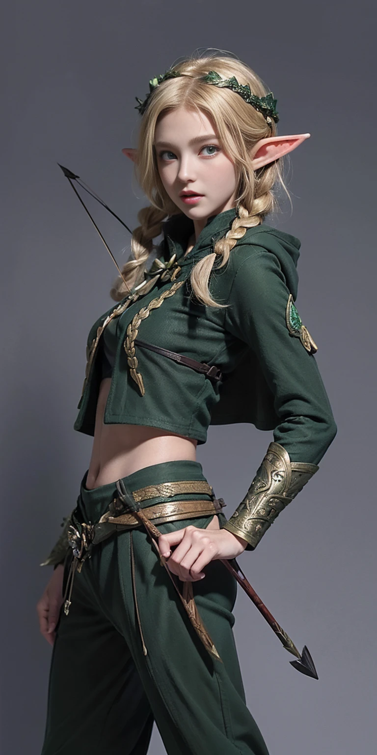 masterpiece, detailed, character, dungeons and dragons character, 1girl, elf girl, elf ranger, ((elf hunter)), arrow quiver, aiming, hunting pose, have arrows, elf bow, (have (hunting bow:1.35) in hands:1.1), (golden blonde) medium-short hair, (hair braid), cute face, detailed face, detailed eyes, green eyes, (wearing fantasy (forest elf (hunter outfit)), brown pants, green jacket, cool croptop, outfit with cape and hood), ((simple background, grey color background))