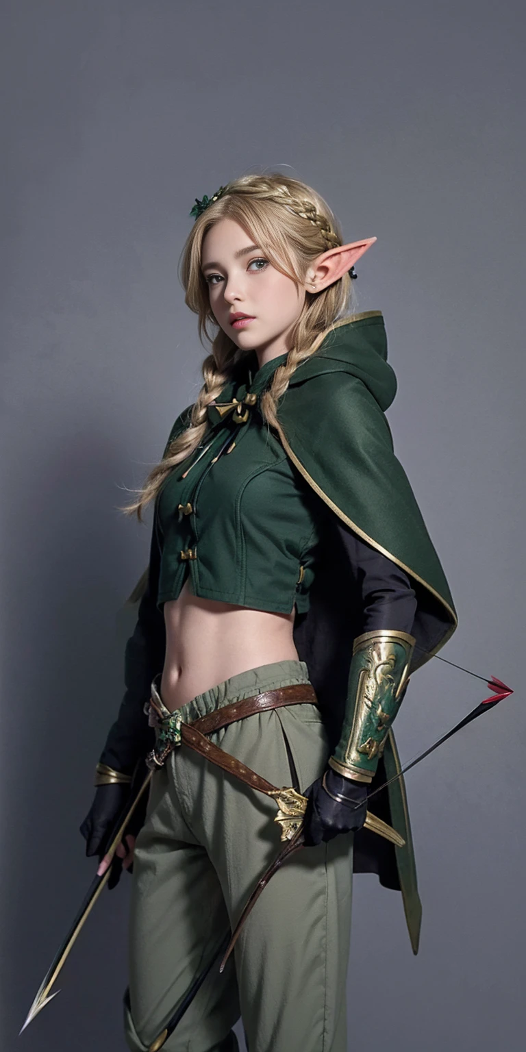 masterpiece, detailed, character, dungeons and dragons character, 1girl, elf girl, elf ranger, ((elf hunter)), arrow quiver, aiming, hunting pose, have arrows, elf bow, (have (hunting bow:1.35) in hands:1.1), (golden blonde) medium-short hair, (hair braid), cute face, detailed face, detailed eyes, green eyes, (wearing fantasy (forest elf (hunter outfit)), brown pants, green jacket, cool croptop, outfit with cape and hood), ((simple background, grey color background))