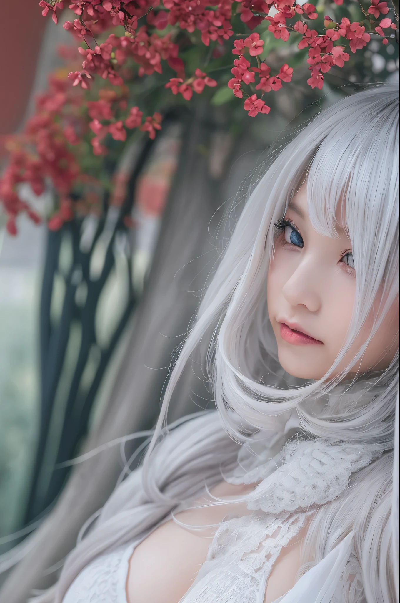 ((high quality)),table top,(Detailed depiction of local details:1.2),1 Japanese girl,(plump breasts:1.3),Enchanted Valley,closed mouth,eyelash,looking at the viewer,portrait,alone,Upper body,gray hair,white theme,short hair,silver hair,Yoruhano. 2 Type B,