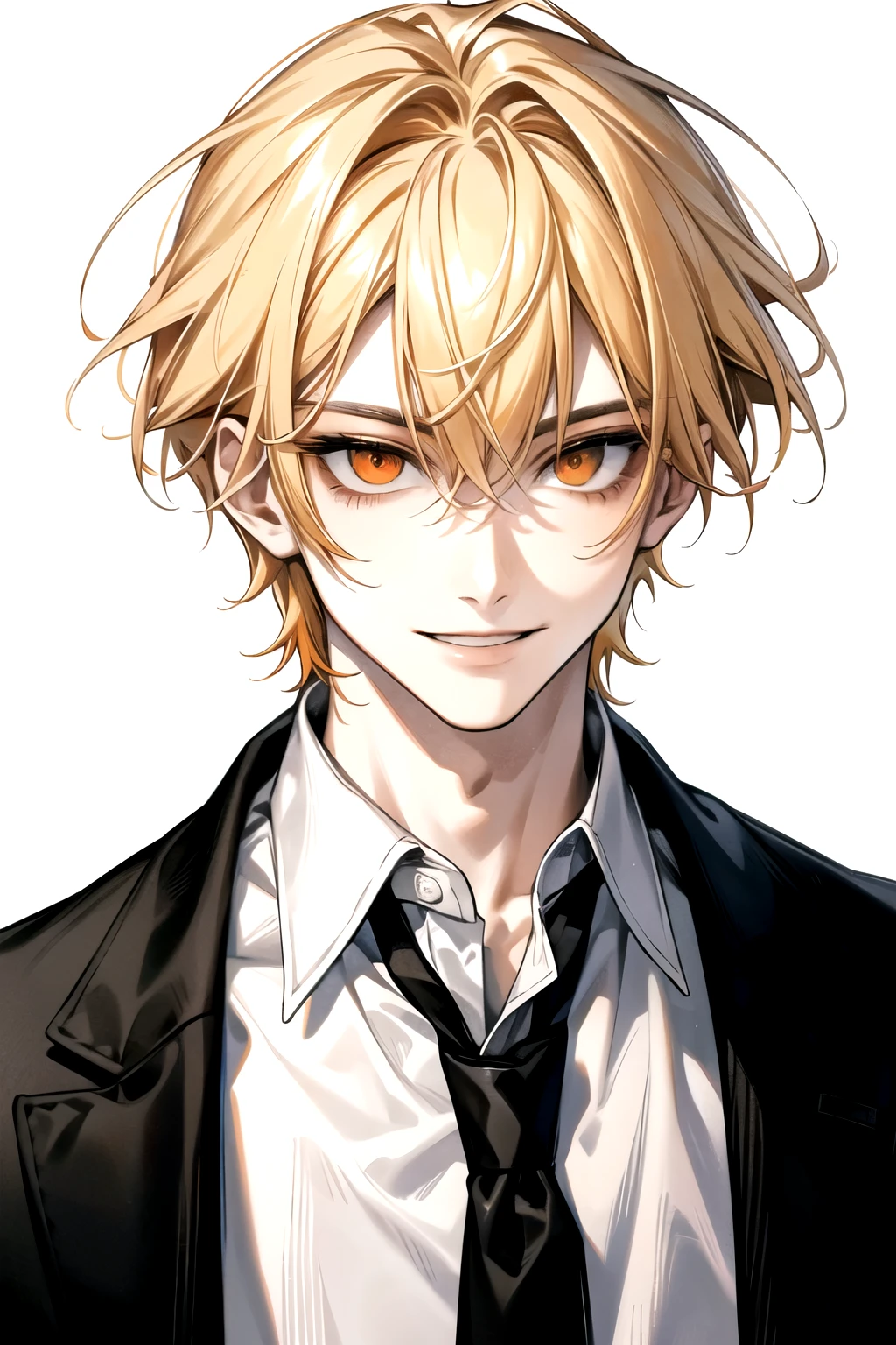 Solo, Male, smile facial, masterpiece, highres, blonde hair, sharp eyes, orange eyes, black and white shirt