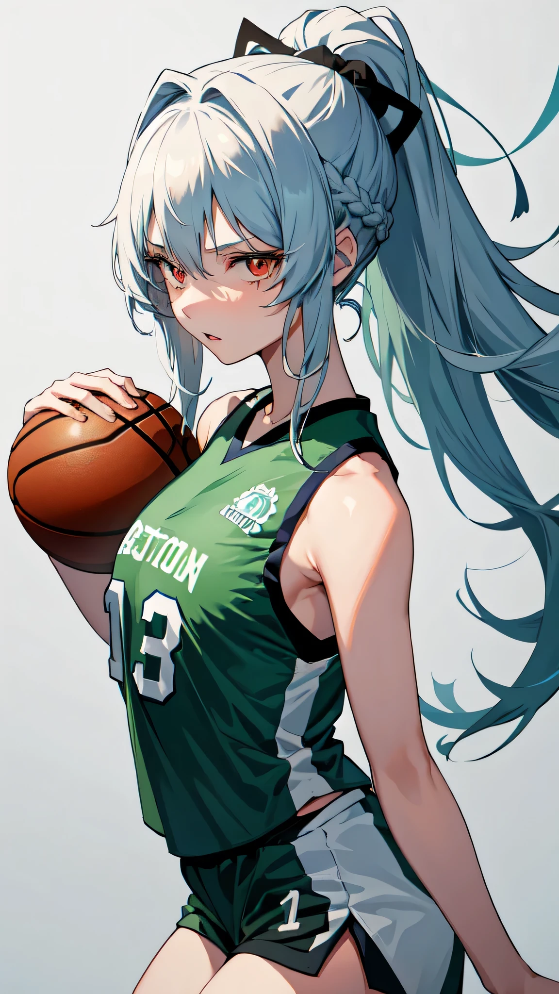 1girl,Boston celtics basketball jersey,longhair,white hair,ponytail hair,red eyes