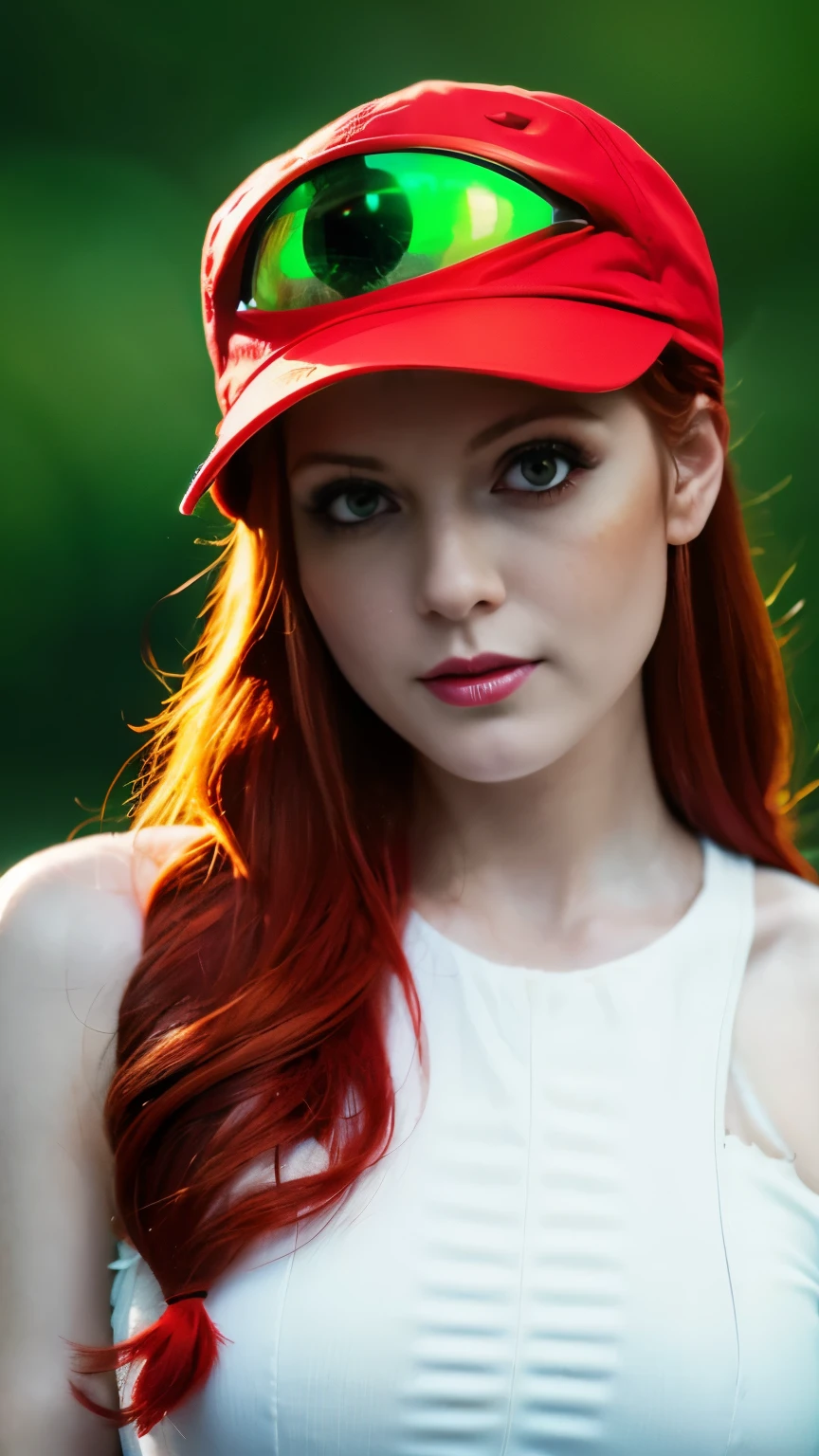 Cyborg red hat with green and red-haired cybernetic eyes  