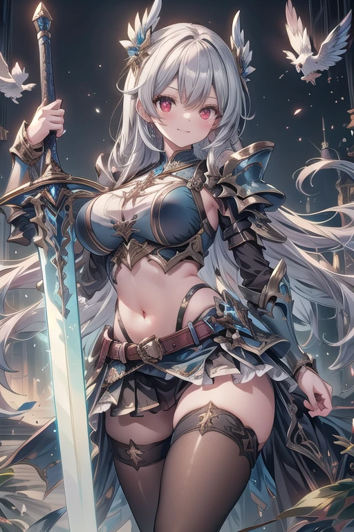 masterpiece,best quality, Swordmaster, long hair, gray hair, red eyes, perfect face, blue_armor, ((exposed arm)), blue_ornaments, blue_tabard, thong, belt, sword, ((big tits)), exposed belly, smiling, 1girl, legs exposed, strikes, Perfect face, thick thighs, ,add_detail:1, add_detail:0, add_detail:0.5,((weapon_Sword)), short skirt, pantyhose, Sword_ornaments