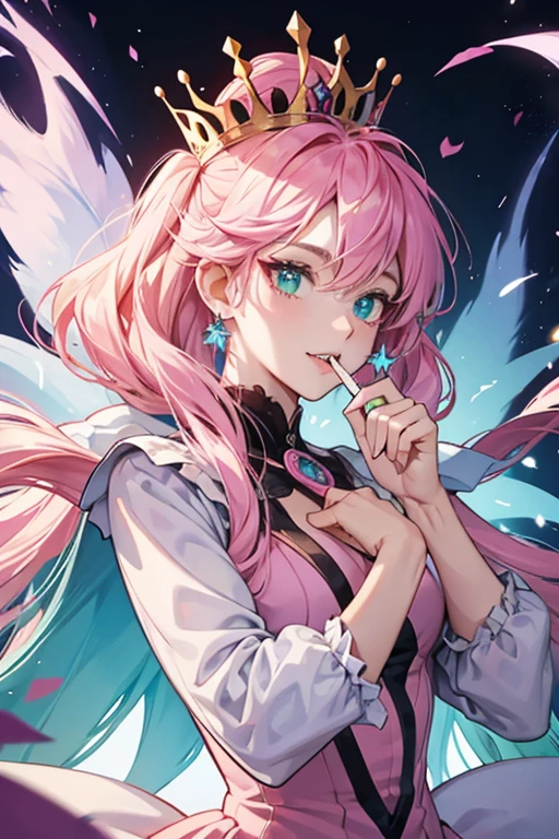 The Candy Queen, in her cursed form, still appears as a gum person, like Princess Bubblegum. However, her countenance is far more sinister-looking, and more closely resembles that of the Ice King. Her eyes are very large, and she has heterochromia (with her left eye being green and her right eye being pink). Like Ice King, she has a pointy nose and sharp teeth. Her hair is bright pink and filled with various candy pieces and is very long, with two halves pointing opposite directions with her crown around the top of the right tuft. She wears a purple footed onesie. SPARKLE; GLITTER