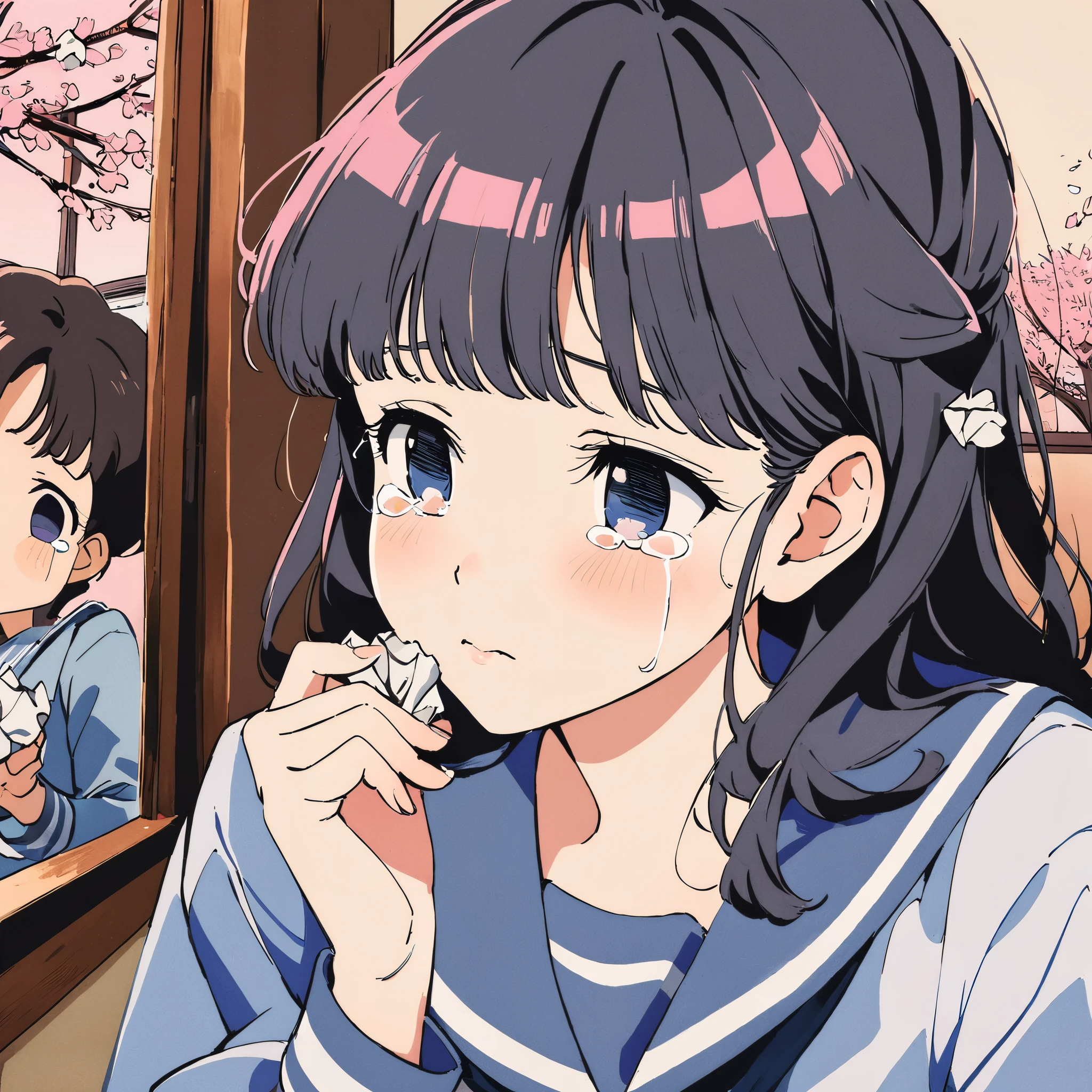 High resolution, very detailed, dramatic brightness, highest quality art, 32k, 8k wallpaper, 4K digital animation, (Japanese anime art of the 1980s:1.5). 1 girl, She is sad and thinks about her boyfriend, he transferred from school. (Her hair color is black:1.3),((girl pictures, 1980s Japanese idol hairstyles:1.7)),(blue eyes :1.3),(small eyes and tears:1.3),Close up of upper body, (She is wearing a sailor uniform in the room:1.5),(she holds a crumpled old paper in her hand:1.5), (She's looking at a note on this crumpled paper:1.3), (The cherry blossom tree is shining on the other side of the window:1.3) ((Crumpled letter in hand))