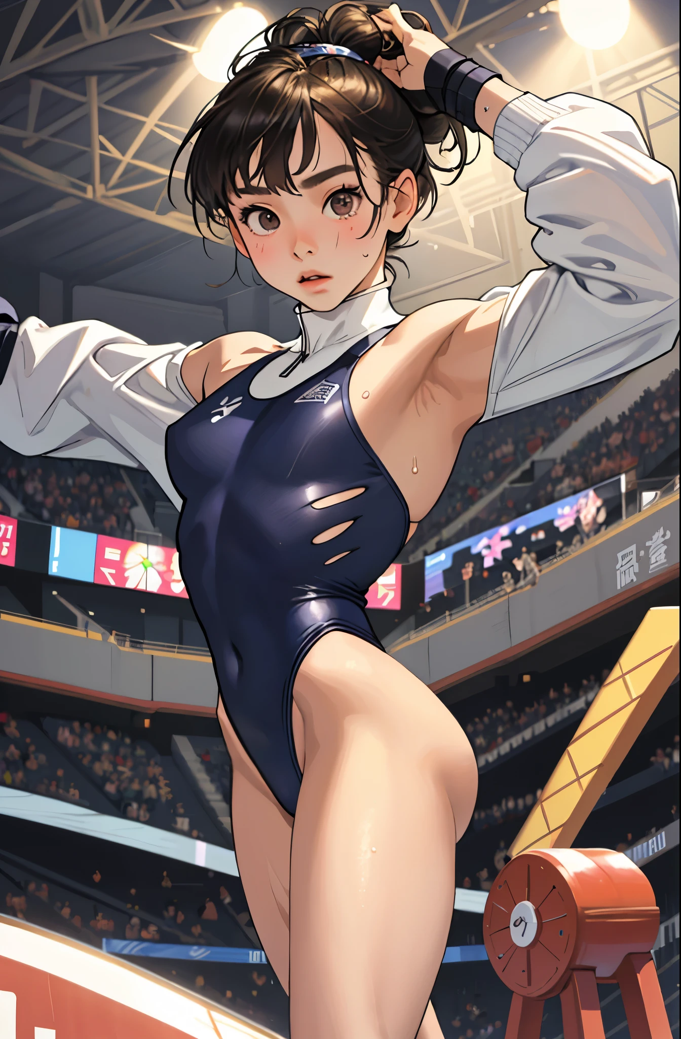 Realistic,15 year old girl.wearing a leotard,gymnast,gymnastics arena,笑face,face,skin realism