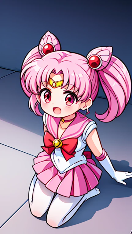 sailor moon,Cute little ,7-year old,Seven years old,Pink hair twintails,short hair,red eyes,Sailor suit,bow tie,White elbow gloves,red skirt,no shoes,Open your mouth,laughing out loud,white pantyhose