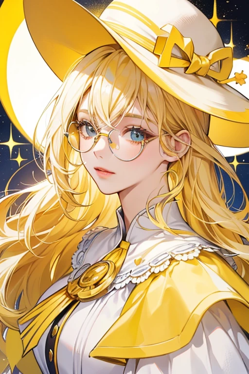 Her skin is light yellow, and her hair is blonde. Her hat is a light shade of yellow, and the top looks similar to the tops of the heads of the Banana Guards. She is seen wearing circular glasses and a white collar with a white heart in the center. SPARKLE; GLITTER