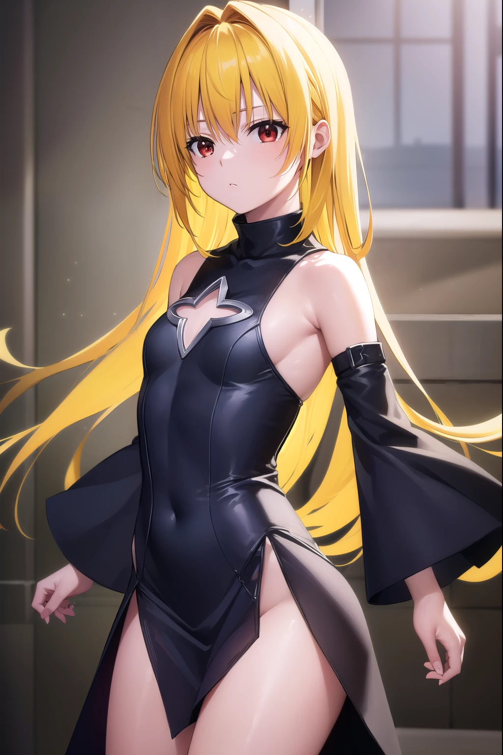 toloveruyami, yami, (yellow hair:1.5), long hair, (red eyes:1.5), hair ornament, (small chest:1.2),
BREAK sleeveless, detached sleeves, dress, black dress, black skirt, clothing cutout, cleavage cutout,
BREAK outdoors, city,
BREAK looking at viewer, (cowboy shot:1.5),
BREAK (masterpiece:1.2), best quality, high resolution, unity 8k wallpaper, (illustration:0.8), (beautiful detailed eyes:1.6), extremely detailed face, perfect lighting, extremely detailed CG, (perfect hands, perfect ???????),