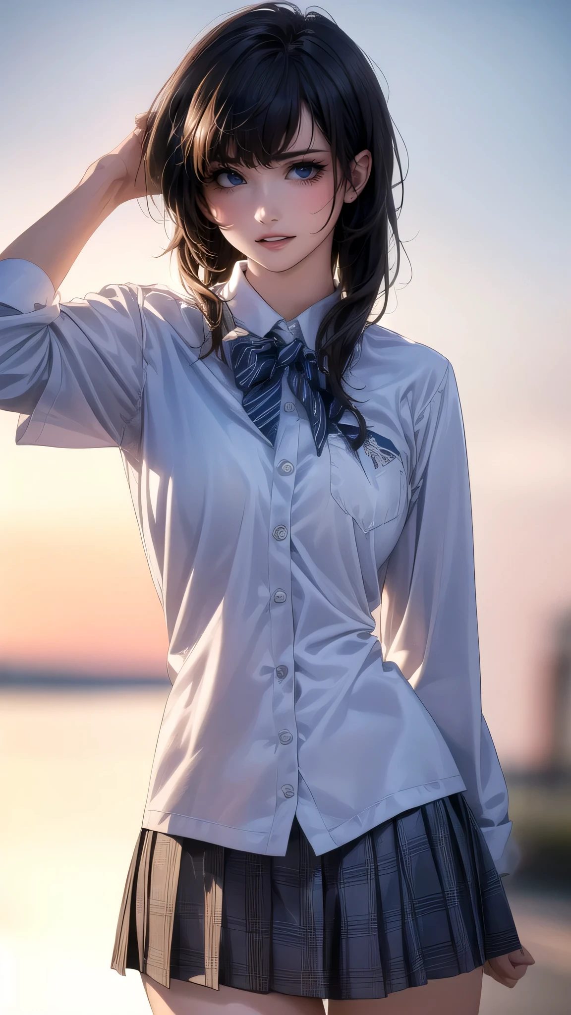 full body,high school girl,(random place),(random pose),(ultra straight hair),(Highest image quality, (8K), Ultra-realistic, Best Quality, High quality, High Definition, high quality texture, high detailing, Beautiful detailed, fine detailed, extremely details CG, Detailed texture, realistic representation of face, masterpiece, presence, Dynamic, Bold)