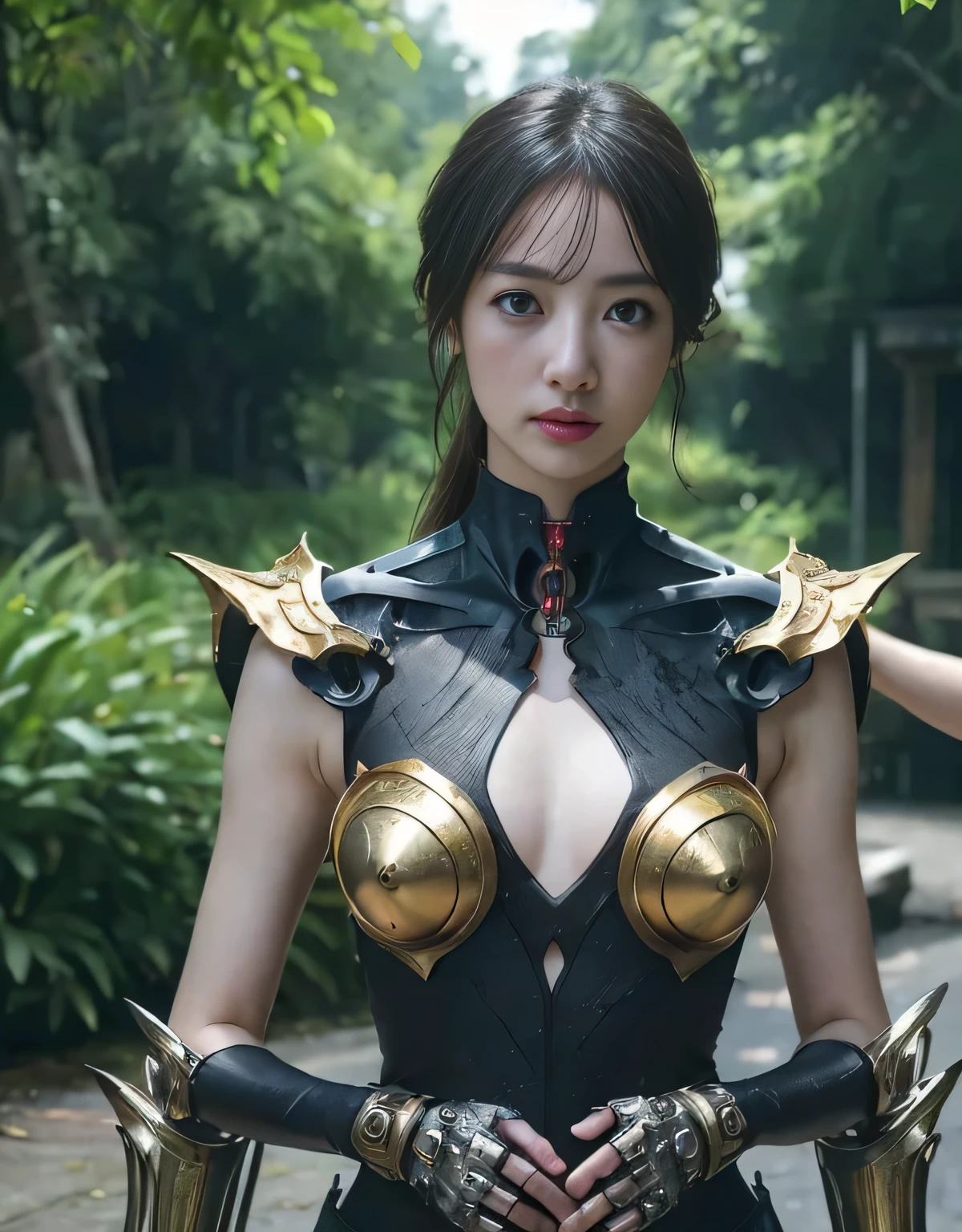 ((battle with monsters))、highest quality、masterpiece、超A high resolution、(Photoreal:1.4)、Raw photo、1 girl、golden hair、glowing skin、(((1 Mechanical Girl)))、with a beautiful knife、(blue metal bodysuit)、(beautiful forest background)、(battle with monsters)、(Small LED)、((Ultra realistic details))、Portrait、(Strong Huge Monster Background),global illumination、Shadow、octane rendering、8K、super sharp、Huge 、Raw skin exposed in cleavage、Metal、intricate decorative details、Japan details、very intricate details、realistic light、CG Society Trends、red eyes、shining eyes、towards the camera、Neon detailed mechanical limbechanical vertebrae attached to the back of the blood vessels connected to the tubes、cervical vertebrae mechanically attached to the neck、(Wires and cables connecting to the head)、gundam、Small LED、,mechanical thighs、two stock、(Hands are also made of machines)、(Attack of the monsters)、(injured in a deadly fight)、