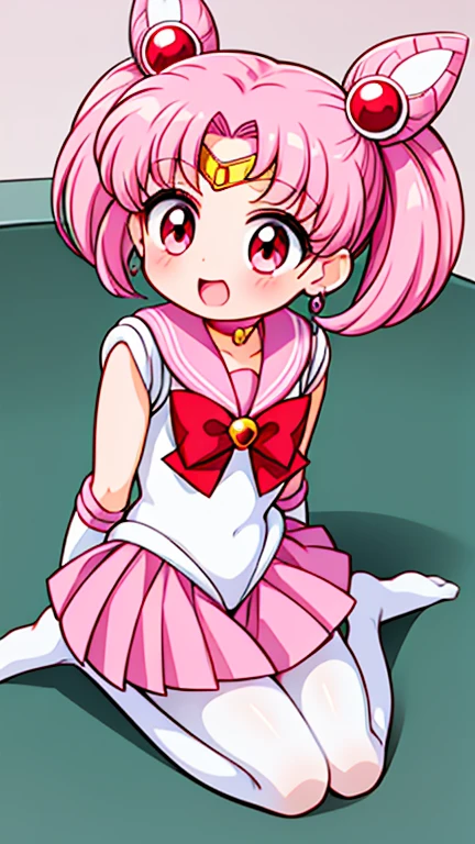 sailor moon，Cute li，Pink hair twintails，short hair，red eyes，Sailor suit，bow tie，White elbow gloves，red skirt，no shoes，Open your mouth，laughing out loud，white pantyhose，sitting，7-year old