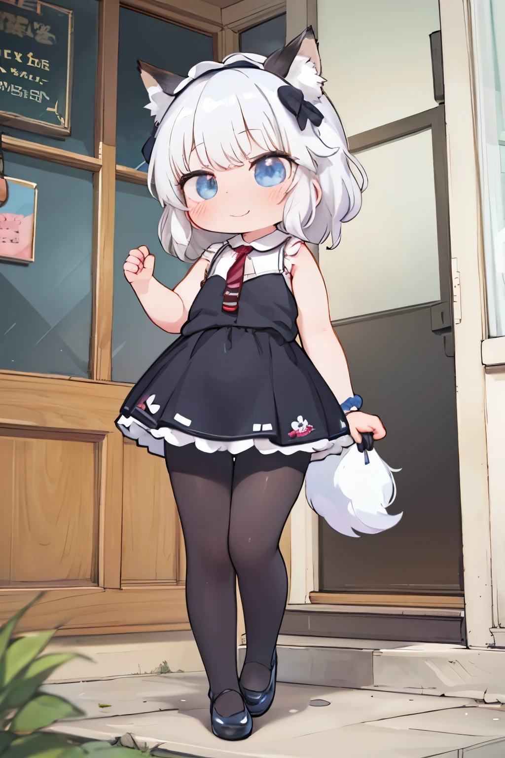 A girl with striking white hair、Fox ears and tail、hair ornaments、black pantyhose、sleeveless、smile、Cute shoes with accessories