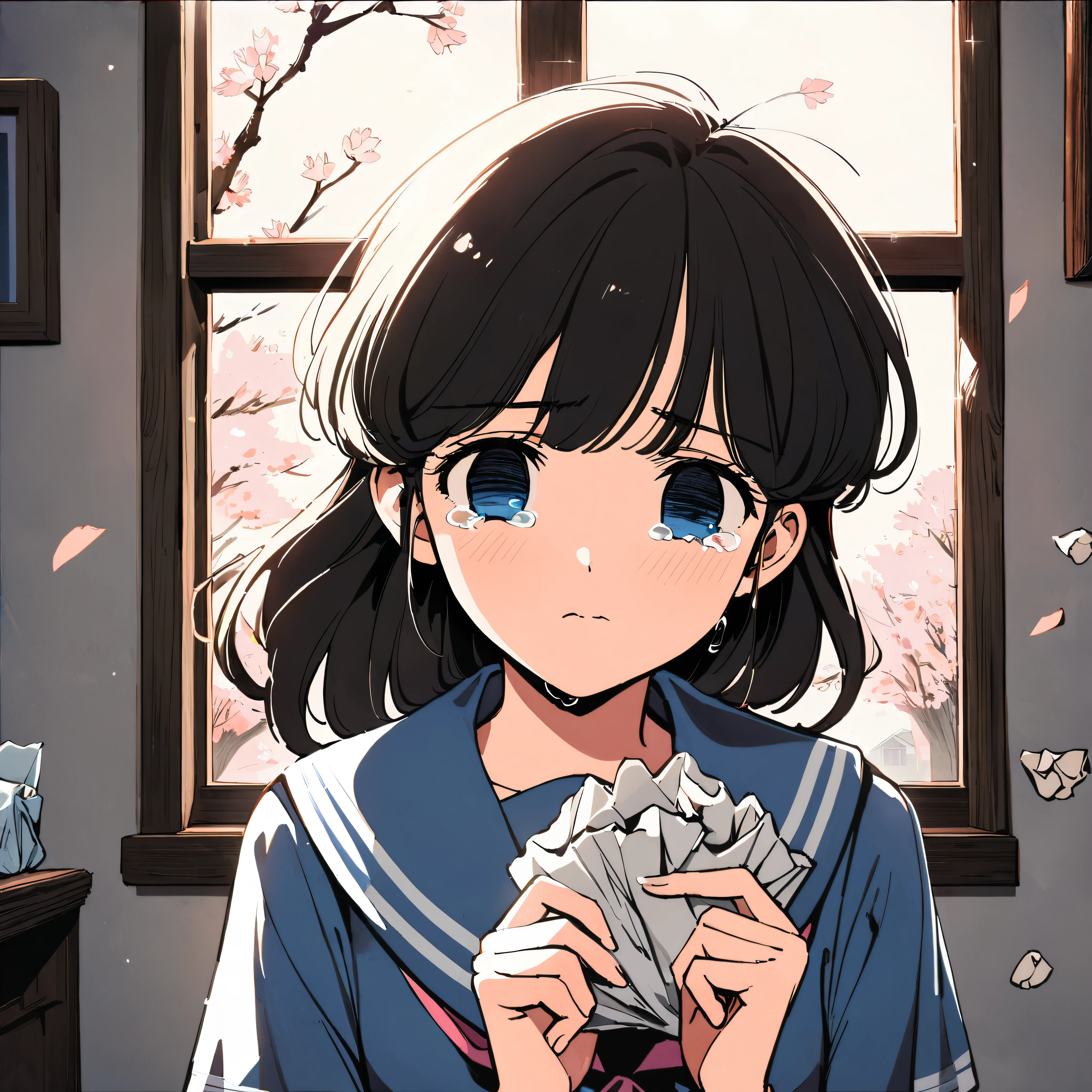 High resolution, very detailed, dramatic brightness, highest quality art, 32k, 8k wallpaper, 4K digital animation, (Japanese anime art of the 1980s:1.5). 1 girl, She is sad and thinks about her boyfriend, he transferred from school. (Her hair color is black:1.3),((girl pictures, 1980s Japanese idol hairstyles:1.7)),(blue eyes :1.3),(small eyes and tears:1.3),Close up of upper body, (She is wearing a sailor uniform in the room:1.5),(she holds a crumpled old paper in her hand:1.5), (She's looking at a note on this crumpled paper:1.3), (The cherry blossom tree is shining on the other side of the window:1.3) ((Crumpled letter in hand))