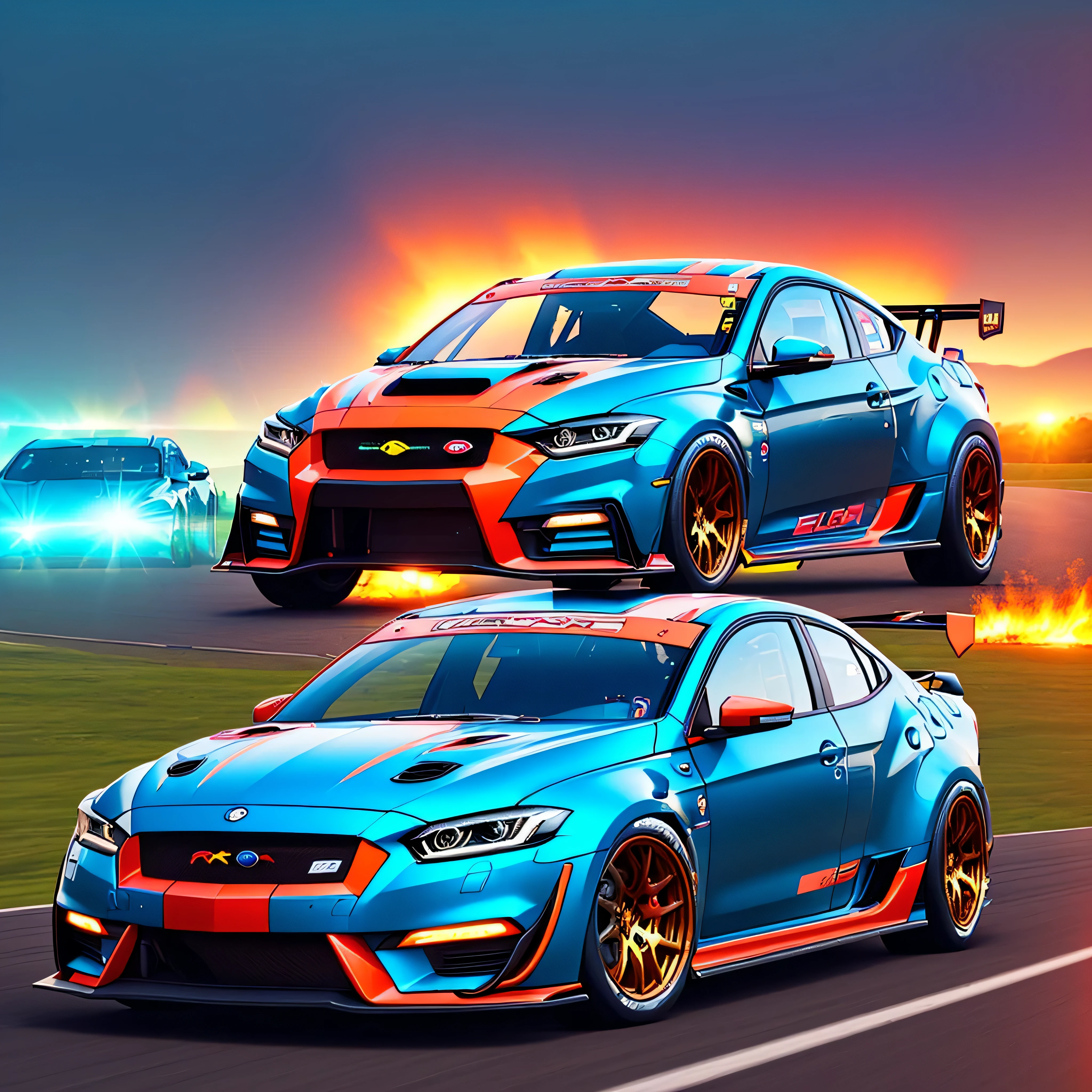 epic Sunset spacious SunRise Racing Car, Start Racer Goal Auto_Racing_Circuit Race_Track deep path Equirectangular Circuit (((epic UnrealEngine5 Ultra tMasterpiece ultra_high-definition ultra Professional Photorealistic optimal ultra_sharp-focus max ultra_high-quality opengl-shaders symmetrical ultra_high-details accurate reflex ultra_high-resolution perfection volumetric Cinematic_Sunlight improved Octane_render 32K XT3 DSLR 3dcg shadow, analogiques, extatiques, saturate, reflection))) dazzling Will-o'-the-wisp global luminescence (((An boatmobile inspired ultra-realistic angelic neon metallic black silver and gold chrome race car designed on a icy surface road with snow falling and deep snow covers the ground and everything all around ))), race car, street racing-inspired, Drifting, LED, ((Twin headlights)), (((Bright neon color racing stripes Cristallines kit incandescente flash blow glow))), (Black racing wheels), Wheel spin showing motion, Show car in motion, Burnout, wide body, modified car, racing livery Lava varied multi etc. --v6 --s1000 --c20 --q5 --chaos100