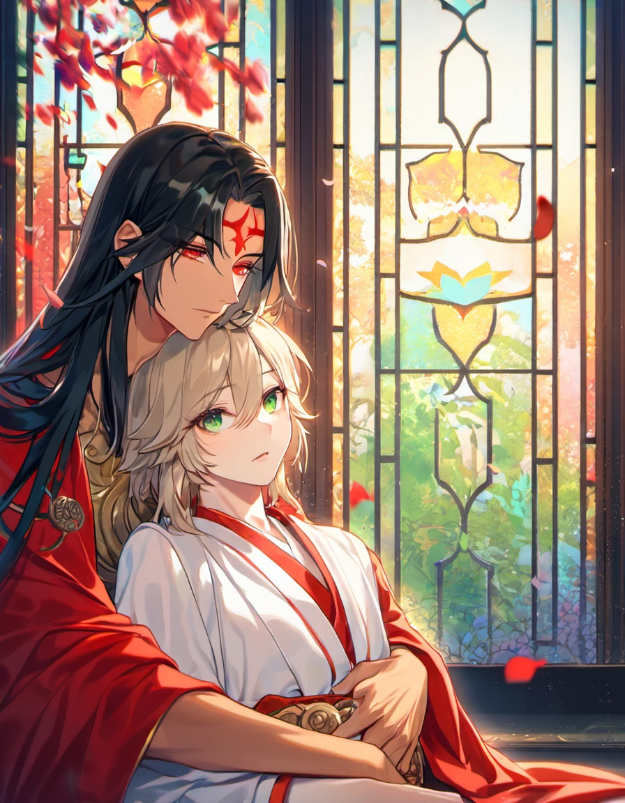 (absurdres, highres, ultra detailed, HDR), master piece, best quality, vibrant red eyes, Asura, onmyoji, black long hair, no bangs, tanned skin, red mark on the forehead, red haori, red marks on the chest, Taishakuten, ash blond short hair, hair between the eyes, vibrant green eyes, white tunic, 2 gay men hugging, handsome, sanctuary, window, petals